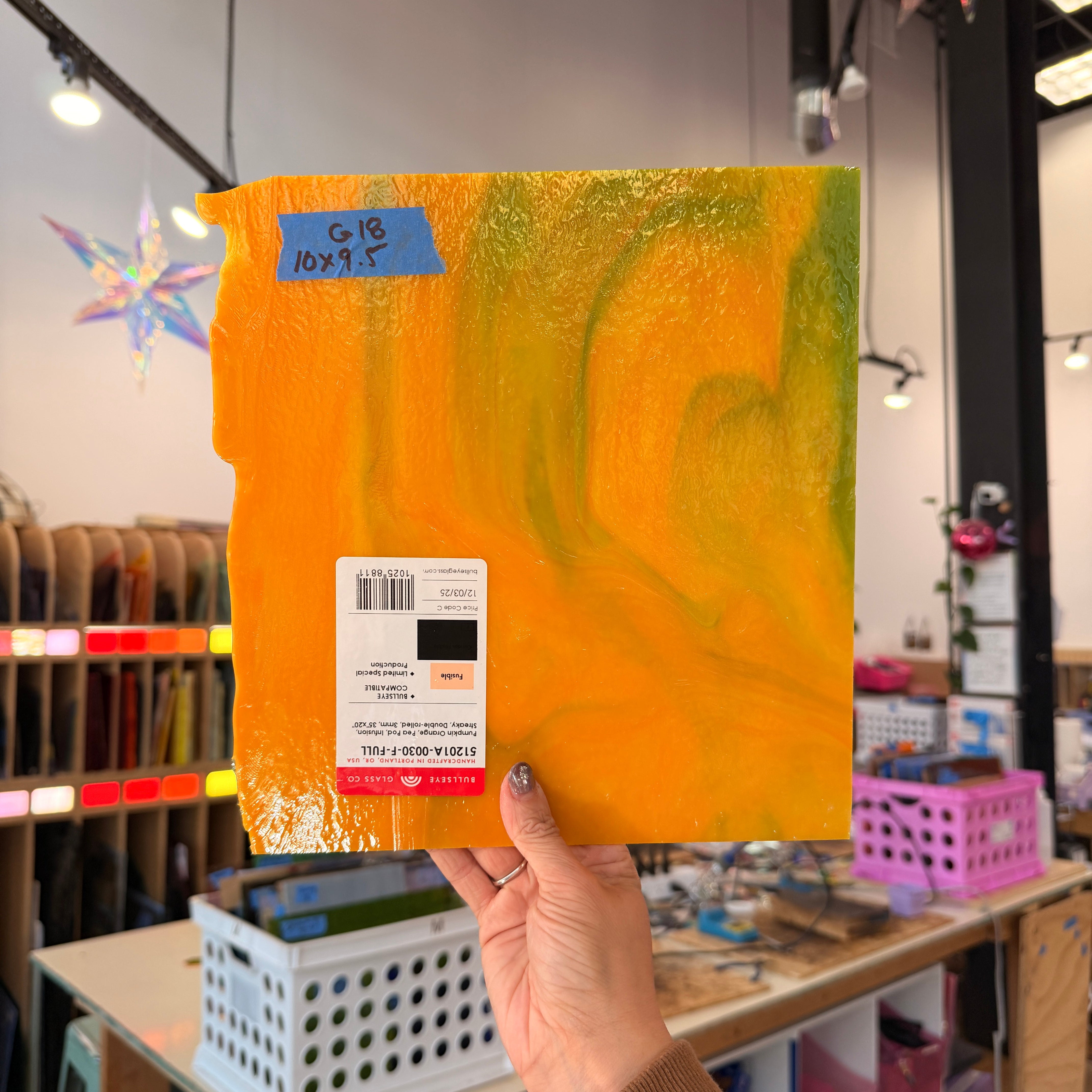 Glascadia Pumpkin Orange Opal with Pea Pod Opal Infusion Double Roll Fusible 90 COE Sheet Glass Colorado Glass Works 10x9.5in (BE-77007149)