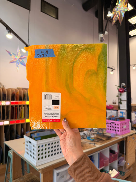 Glascadia Pumpkin Orange Opal with Pea Pod Opal Infusion Double Roll Fusible 90 COE Sheet Glass Colorado Glass Works 10x9.5in (BE-77007149)