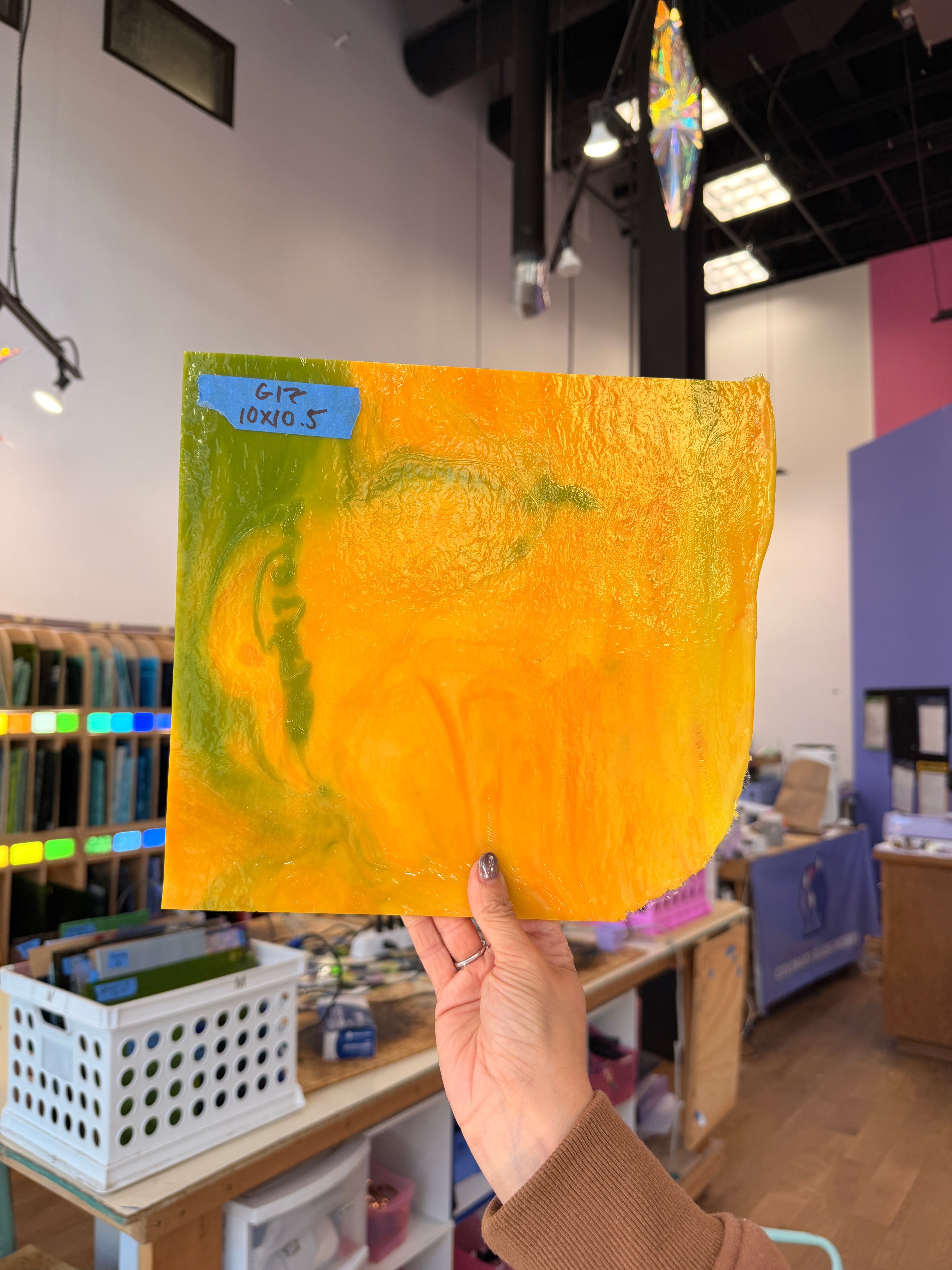 Glascadia Pumpkin Orange Opal with Pea Pod Opal Infusion Double Roll Fusible 90 COE Sheet Glass Colorado Glass Works 10x10.5in (BE-77039917)