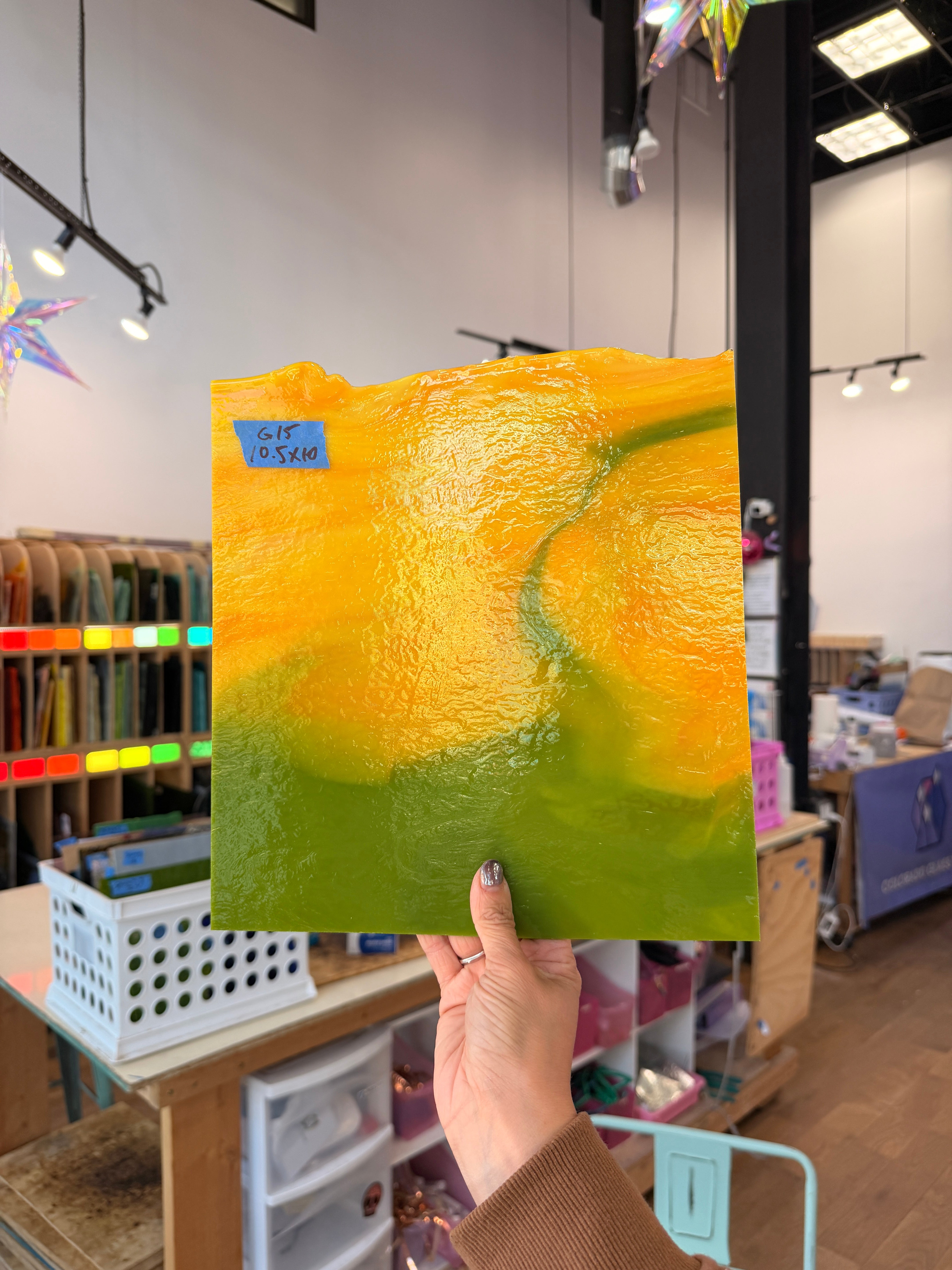 Glascadia Pumpkin Orange Opal with Pea Pod Opal Infusion Double Roll Fusible 90 COE Sheet Glass Colorado Glass Works 10x10.5in (BE-77629741)