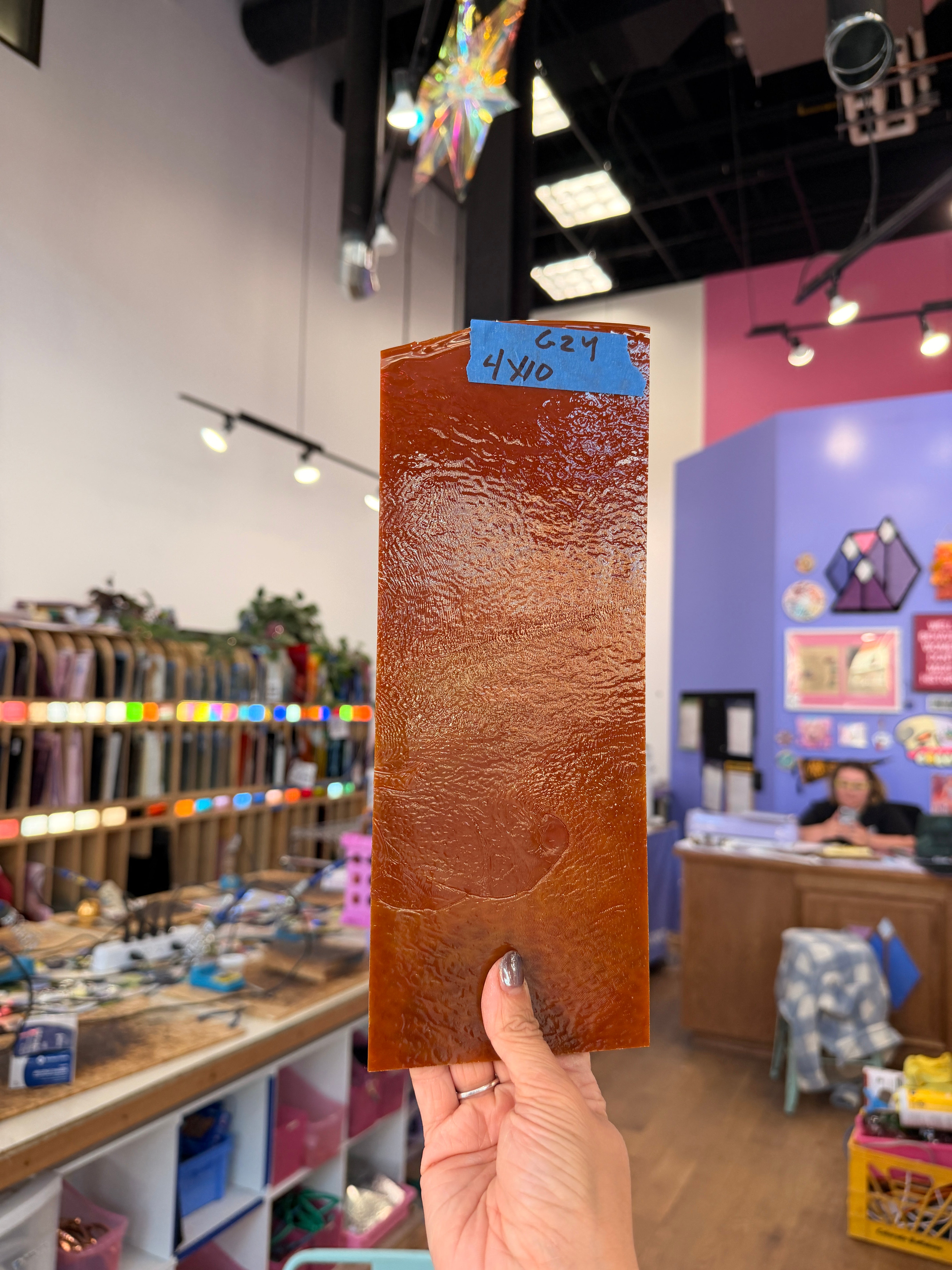 Glascadia Burnt Orange Opal with Steel Blue Opal Drizzle Double Roll Fusible 90 COE Sheet Glass Colorado Glass Works 10x4in (BE-28827949)