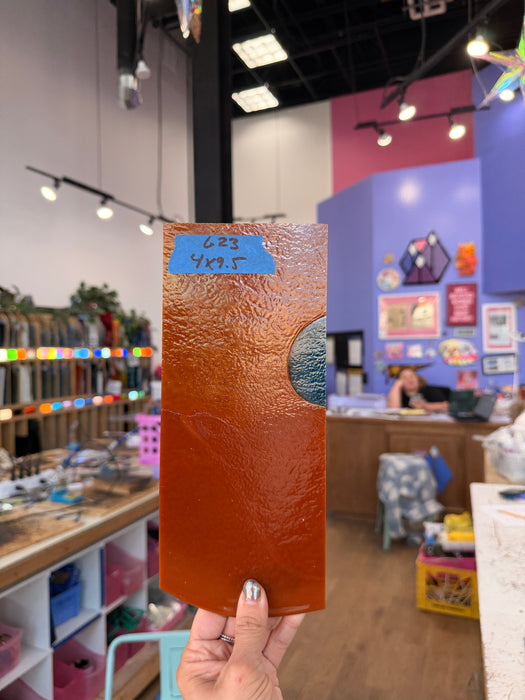 Glascadia Burnt Orange Opal with Steel Blue Opal Drizzle Double Roll Fusible 90 COE Sheet Glass Colorado Glass Works 9.5x4in (BE-28893485)