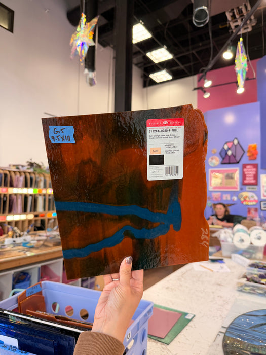 Glascadia Burnt Orange Opal with Steel Blue Opal Drizzle Double Roll Fusible 90 COE Sheet Glass Colorado Glass Works 10x9.5in (BE-28860717)