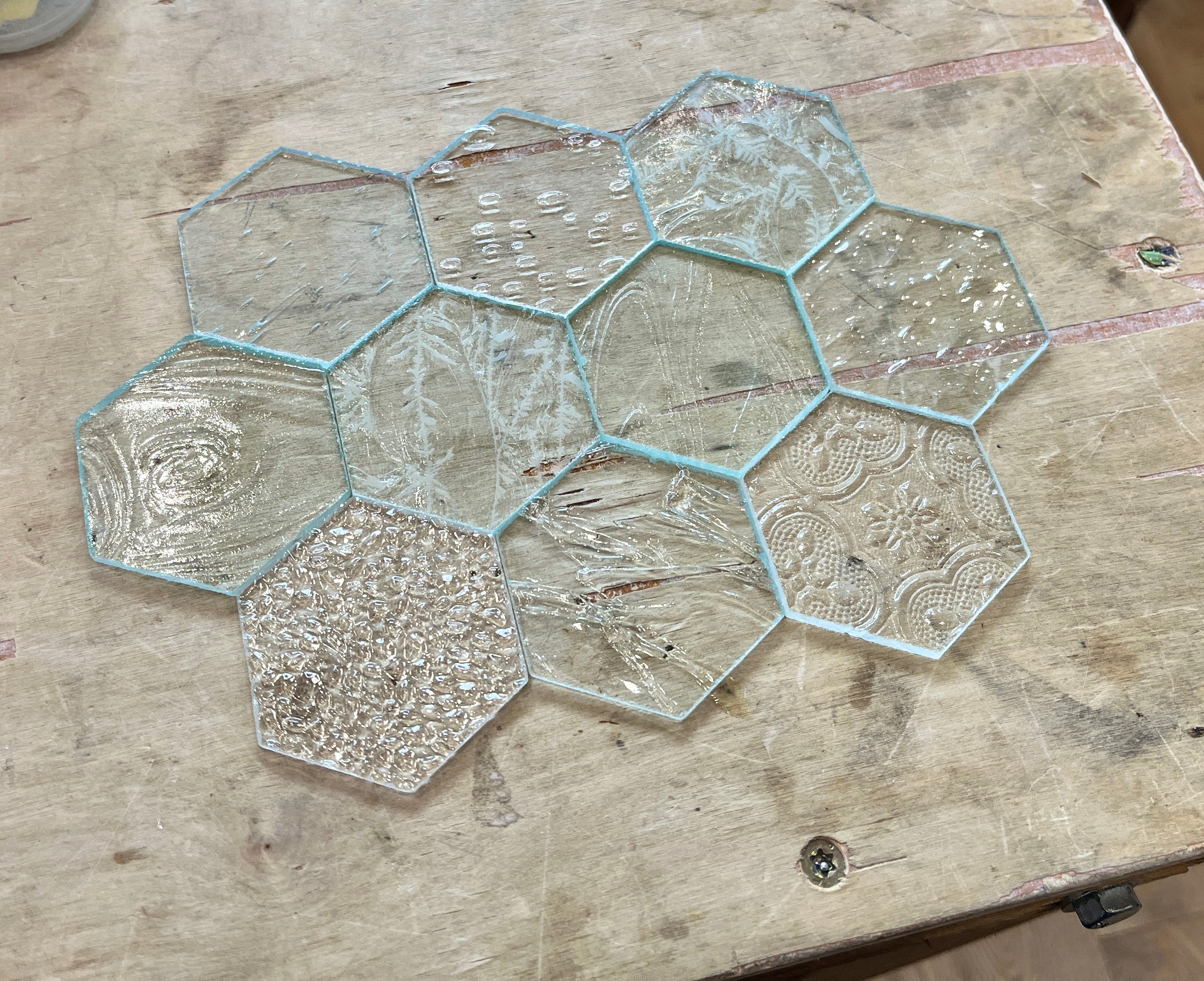Pre-Cut Stained Glass Honeycomb/Hexagon Pieces Perfect for Stained Glass, Fusing, Mosaics and more!! Tools Colorado Glassworks Clear Texture Mix - Non Fusible
