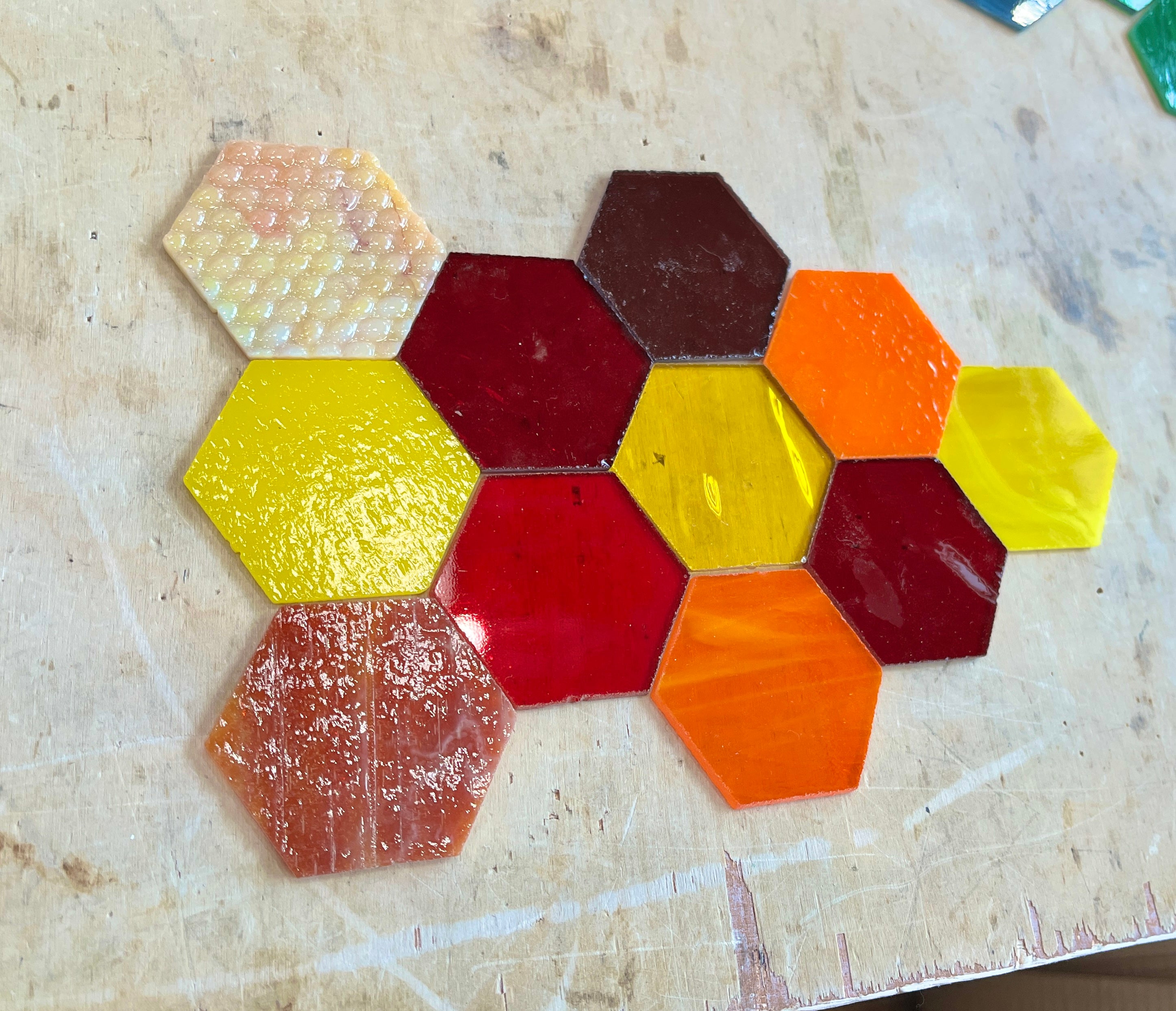 Pre-Cut Stained Glass Honeycomb/Hexagon Pieces Perfect for Stained Glass, Fusing, Mosaics and more!! Tools Colorado Glassworks Warm Tones Mix - Non Fusible