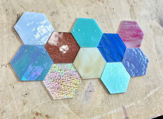 Pre-Cut Stained Glass Honeycomb/Hexagon Pieces Perfect for Stained Glass, Fusing, Mosaics and more!! Tools Colorado Glassworks Pastel Tones - Non Fusible