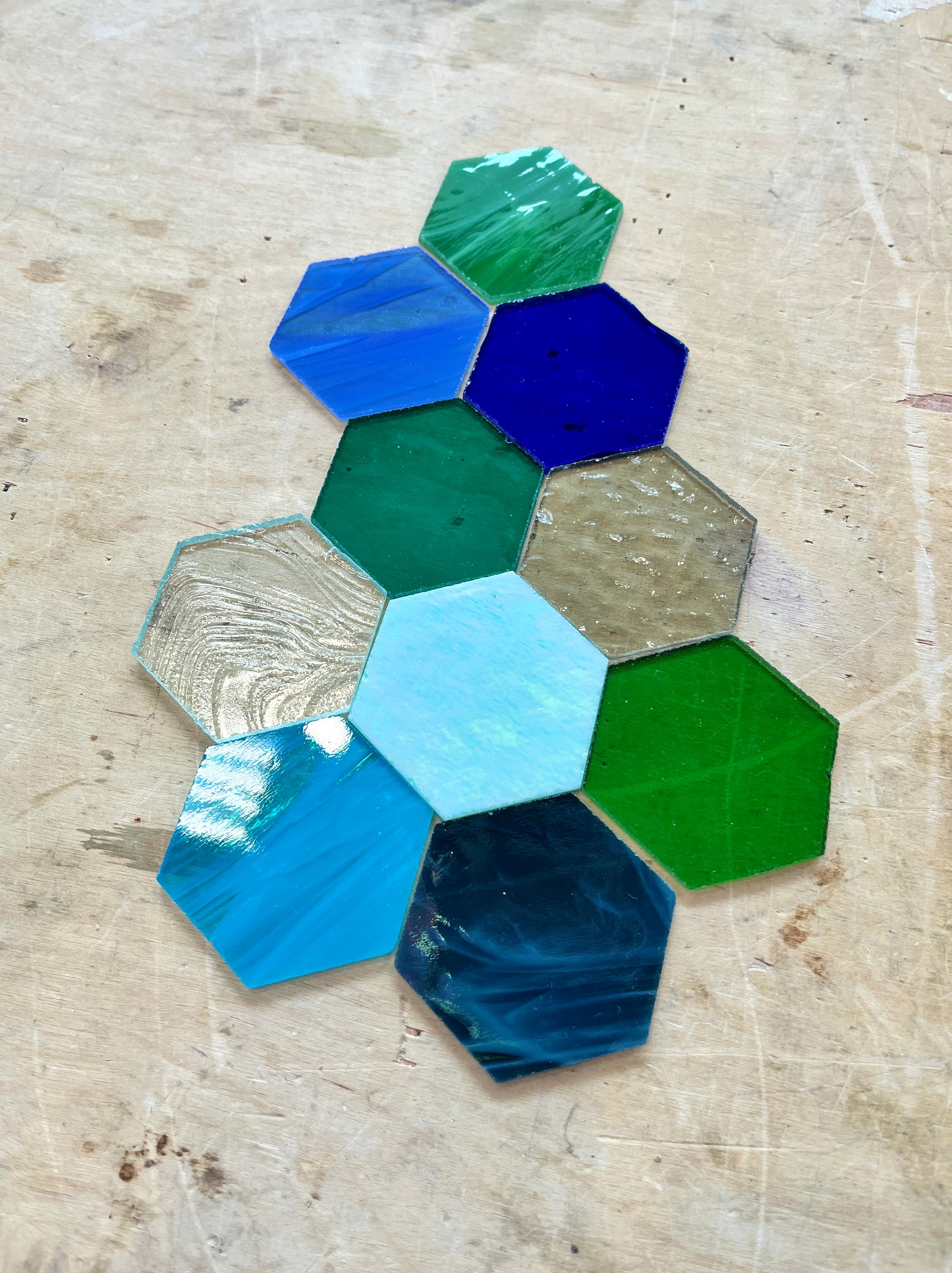 Pre-Cut Stained Glass Honeycomb/Hexagon Pieces Perfect for Stained Glass, Fusing, Mosaics and more!! Tools Colorado Glassworks Cool Tones Mix - Non Fusible