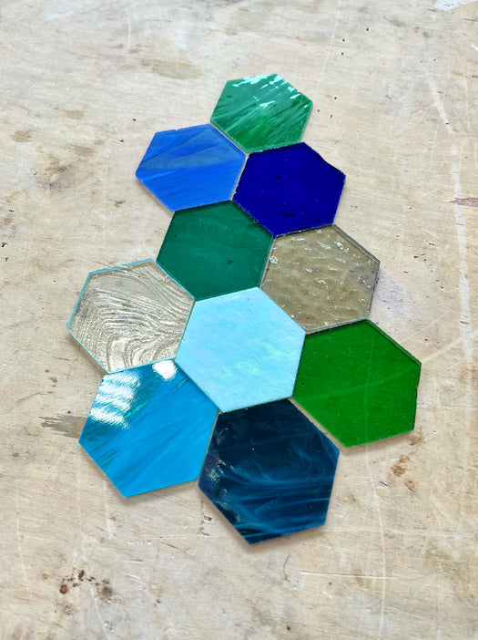 Pre-Cut Stained Glass Honeycomb/Hexagon Pieces Perfect for Stained Glass, Fusing, Mosaics and more!! Tools Colorado Glassworks Cool Tones Mix - Non Fusible