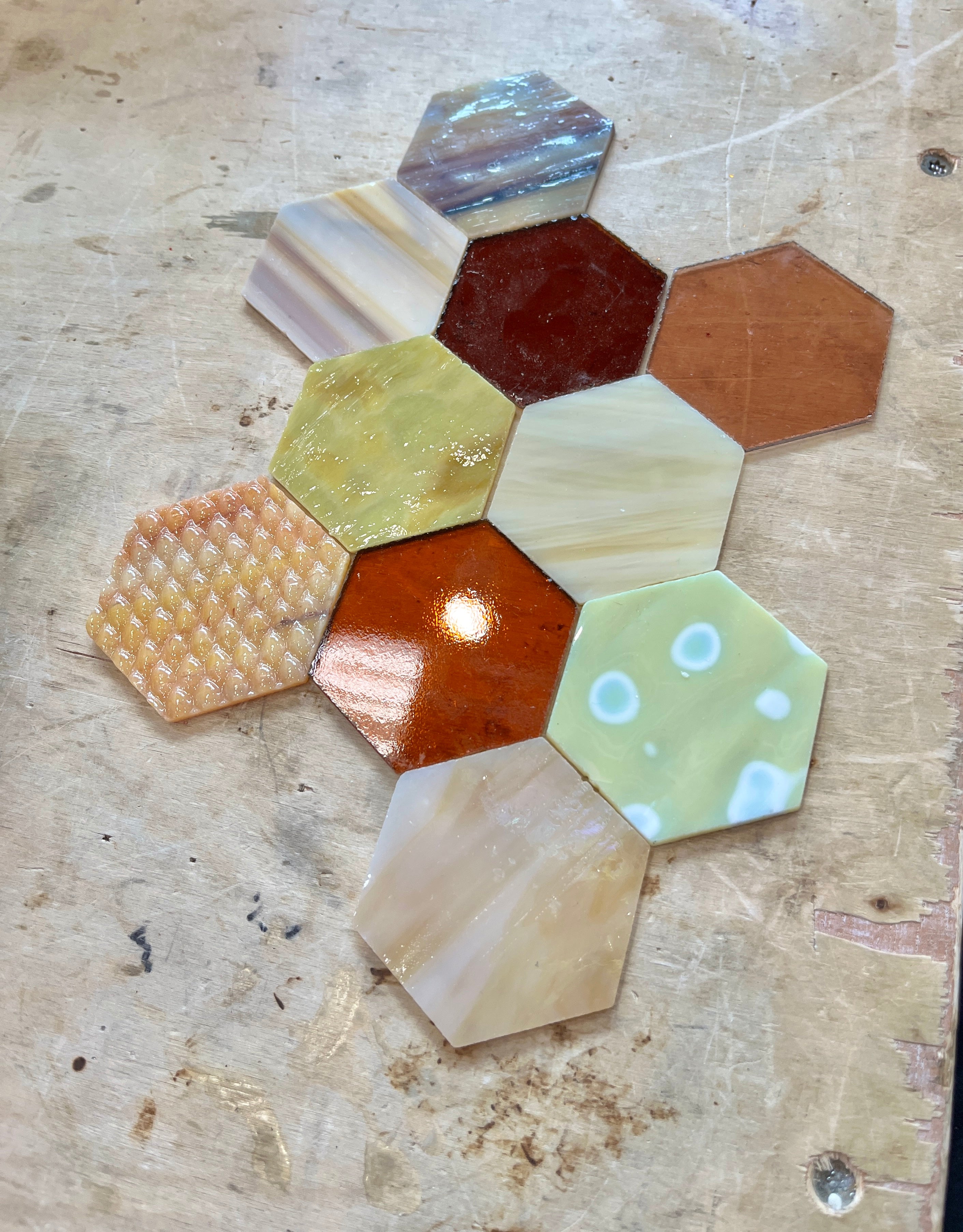 Pre-Cut Stained Glass Honeycomb/Hexagon Pieces Perfect for Stained Glass, Fusing, Mosaics and more!! Tools Colorado Glassworks Honey Tones Mix - Non Fusible