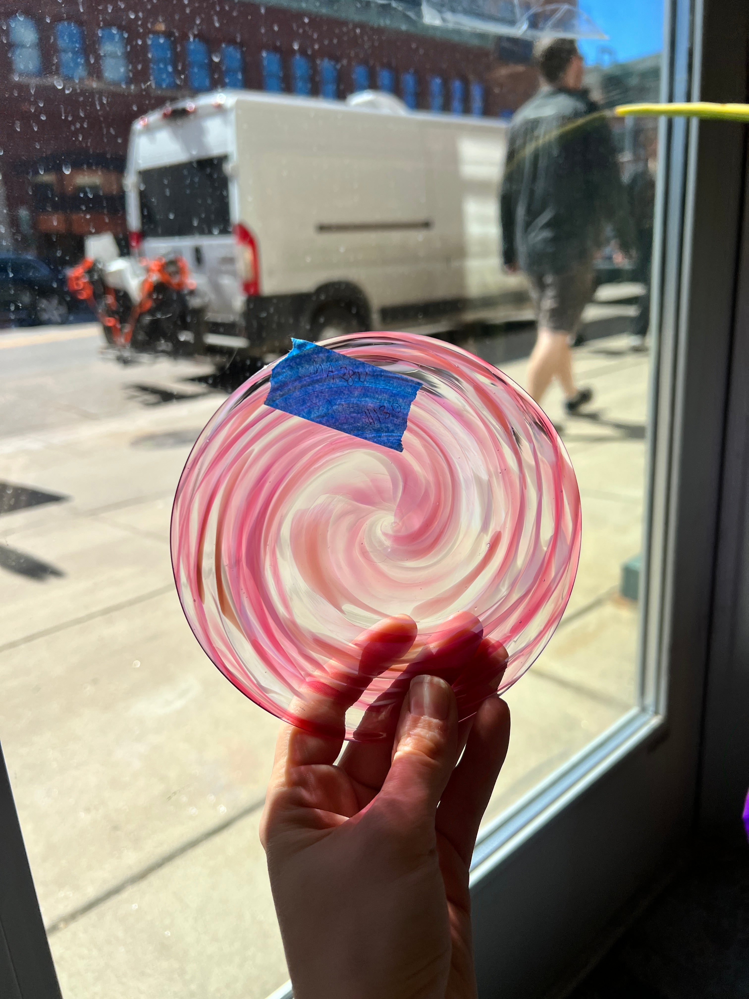Pink Fritty Swirl Rondel COGW by Monarch Glass Studio Sheet Glass Colorado Glass Works   