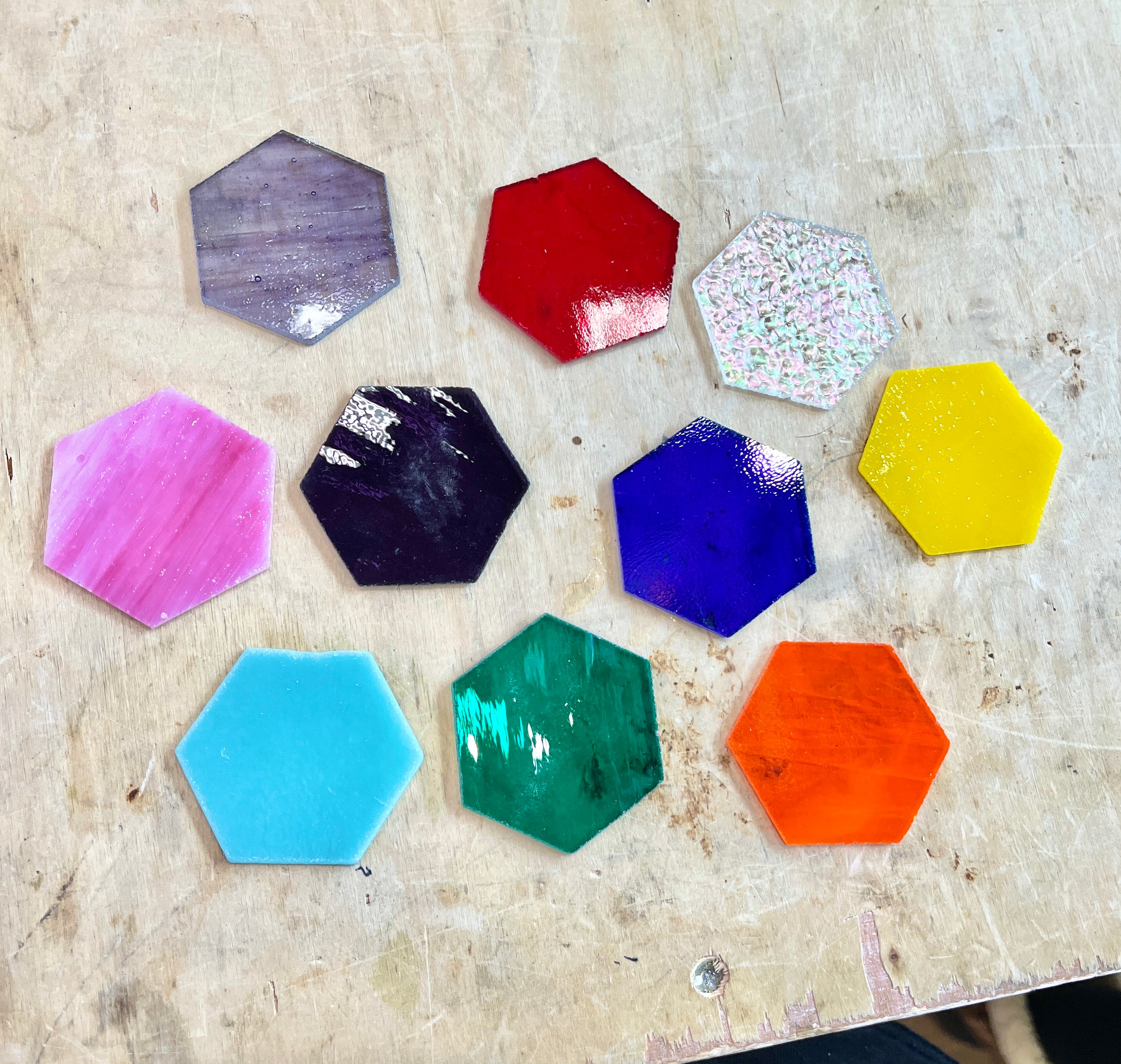 Pre-Cut Stained Glass Honeycomb/Hexagon Pieces Perfect for Stained Glass, Fusing, Mosaics and more!! Tools Colorado Glassworks Non Fusible