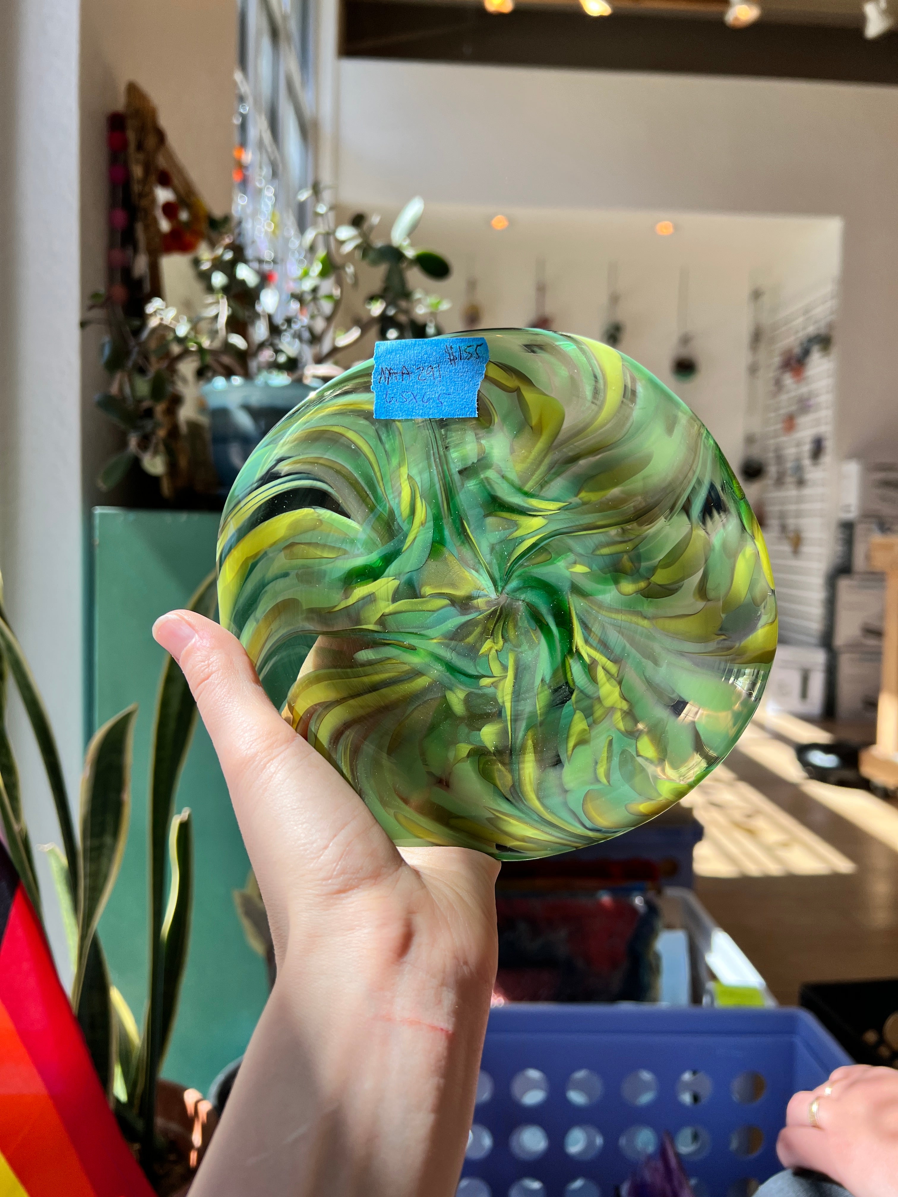 Fritty Green Rondel COGW by Monarch Glass Studio Sheet Glass Colorado Glass Works   