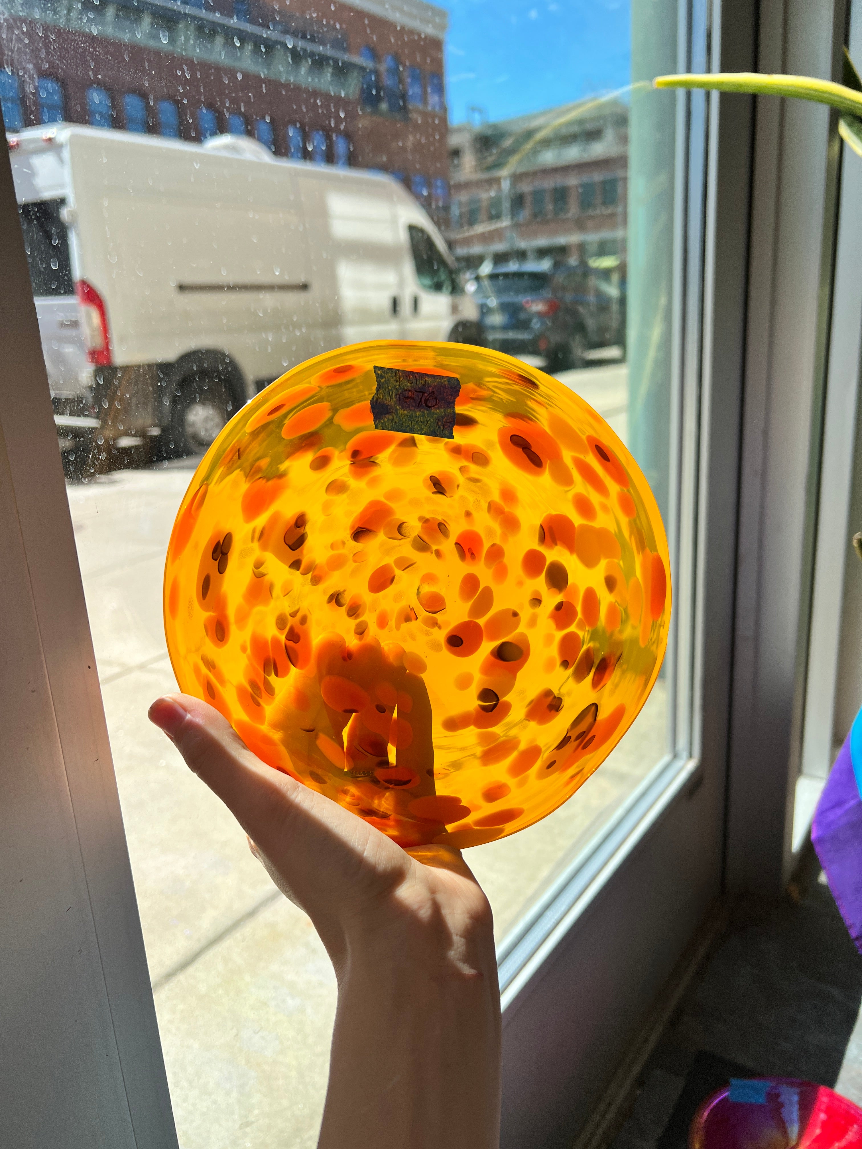 Orange Rondel with Gold Frit COGW by Monarch Glass Studio Sheet Glass Colorado Glass Works   