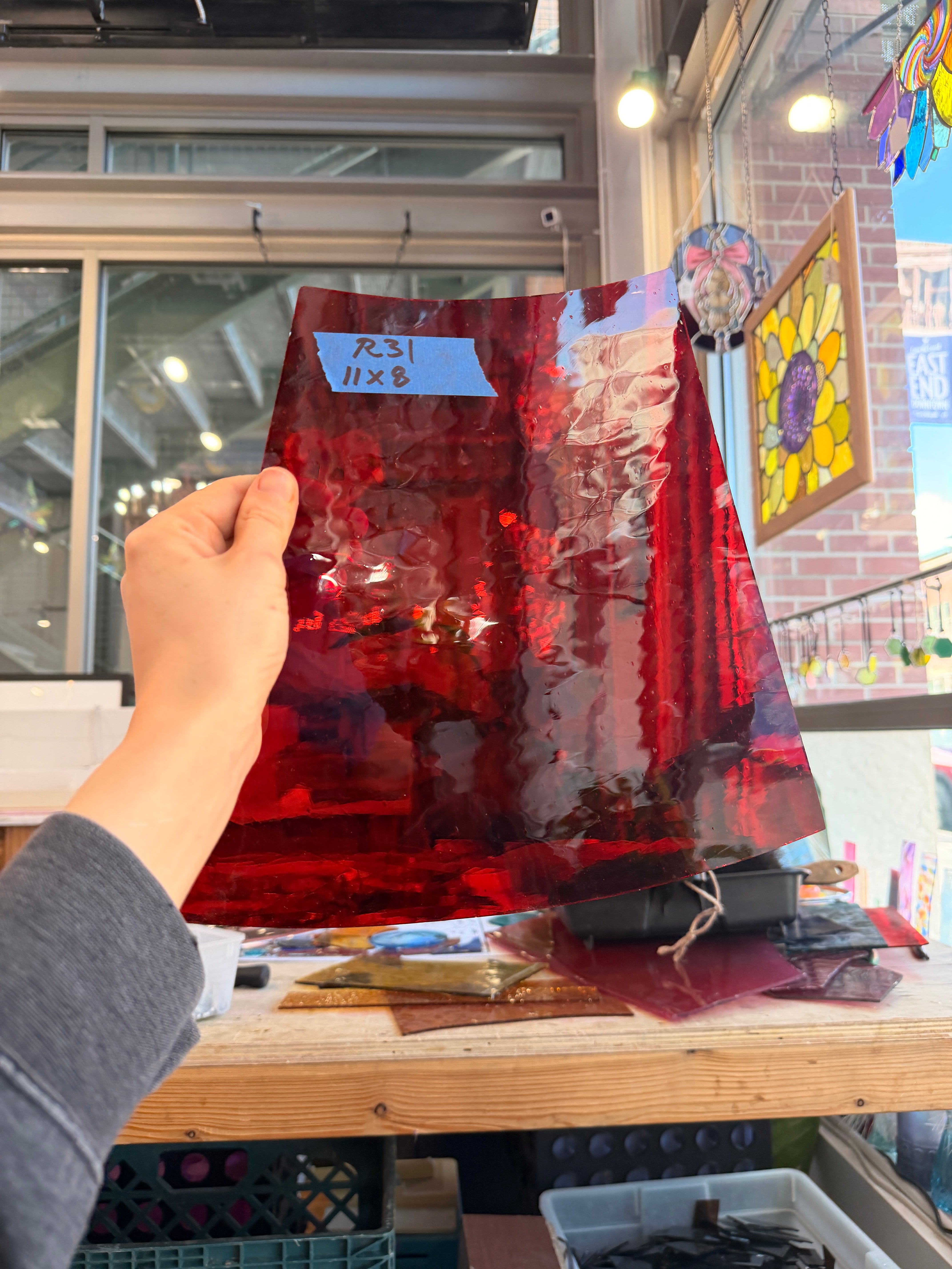 Red on Clear Mouth Blown Lamberts Flash Glass Sheet Glass Colorado Glassworks