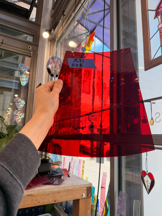 Red on Clear Mouth Blown Lamberts Flash Glass Sheet Glass Colorado Glassworks