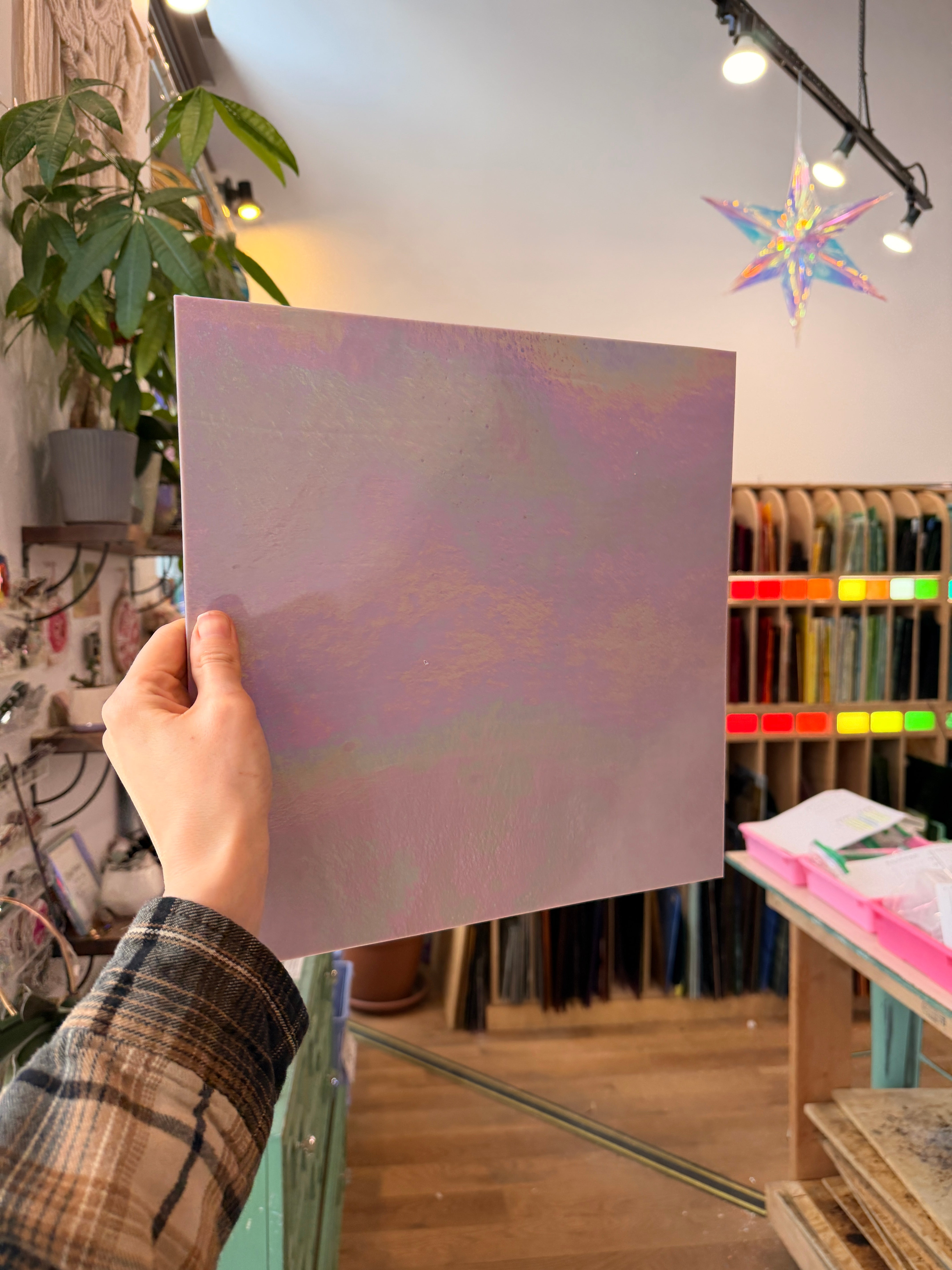 Mauve Iridescent Opaque Wissmach 96 COE (Violet Opal WI 96 04 LUM) Sheet Glass Colorado Glass Works