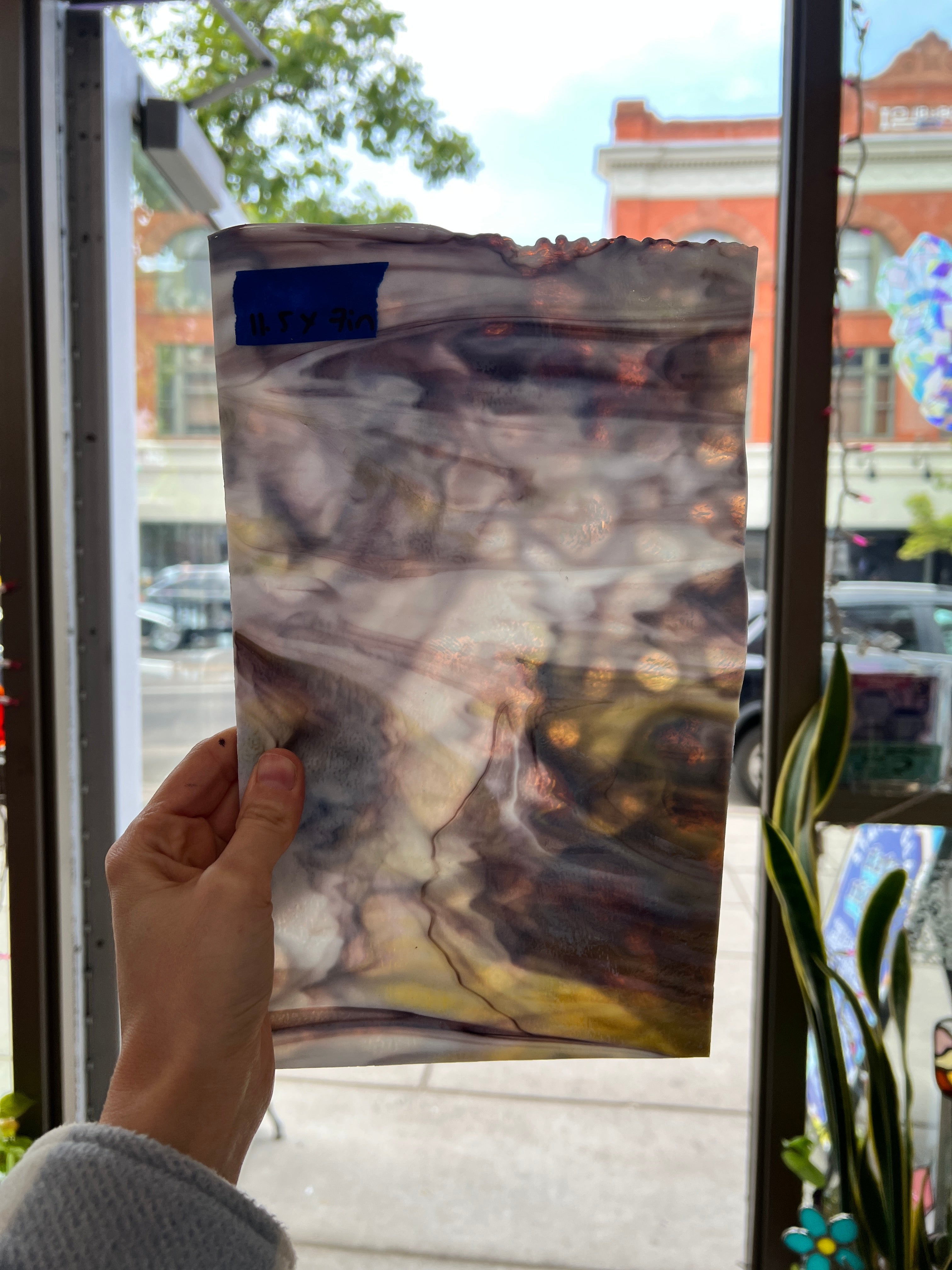Golden Yellow/ Amber/ Purple with Spring Green Mottled Youghiogheny Sheet Glass Colorado Glassworks