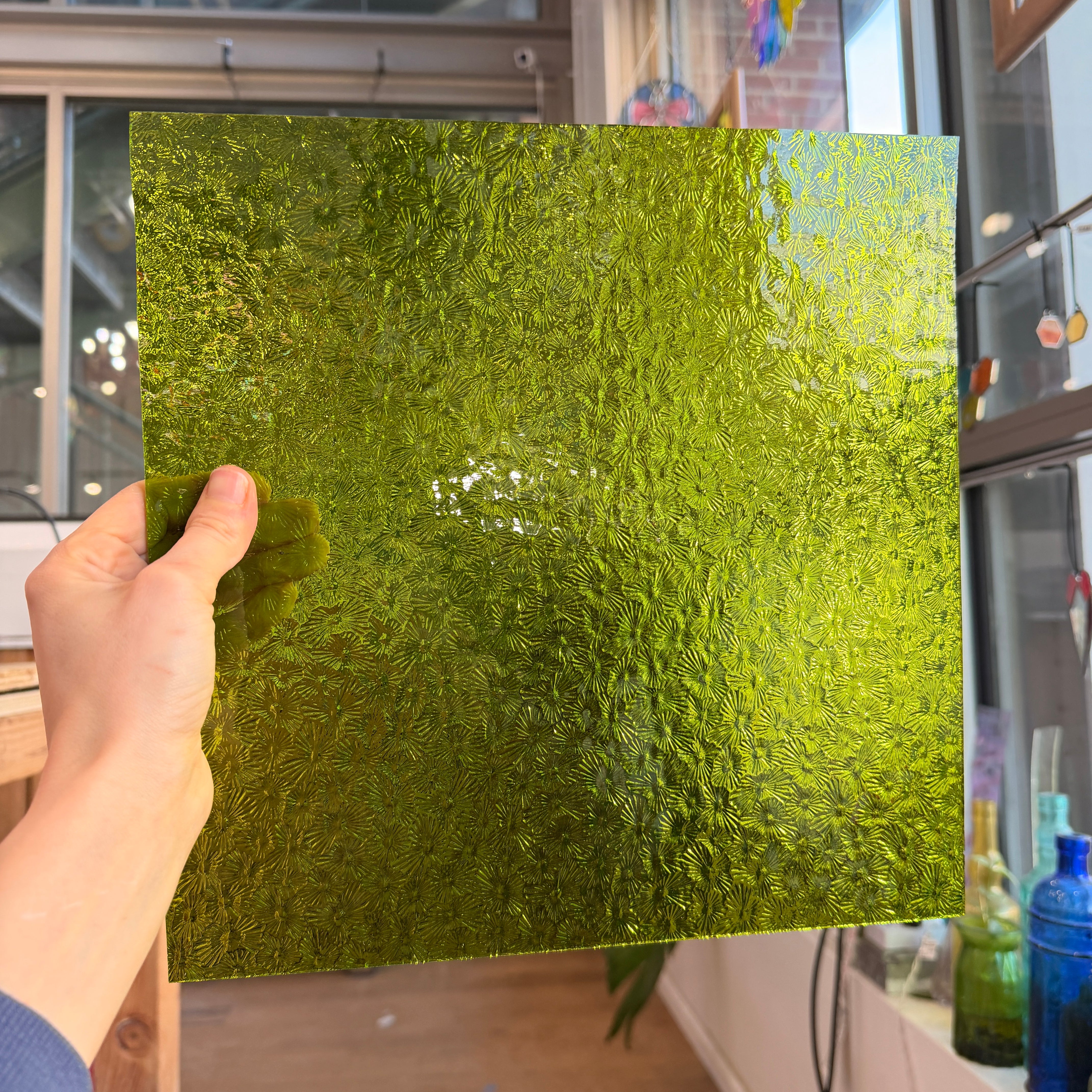 Pear/Lime Green Florentine Wissmach (WI 1146 FLOR) Sheet Glass Colorado Glassworks WM-PEAR-FLORENTINE (12x12in)