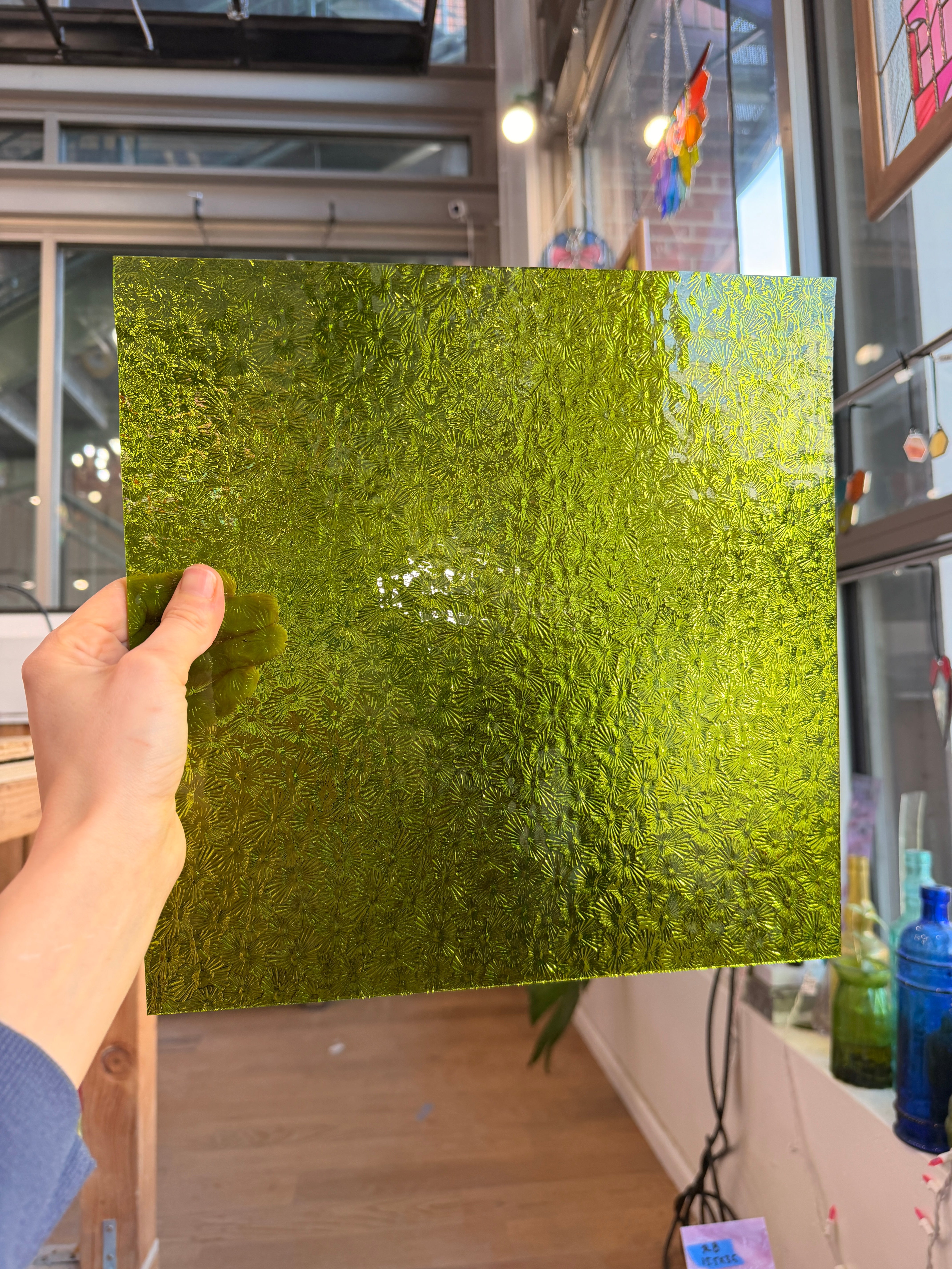 Pear/Lime Green Florentine Wissmach (WI 1146 FLOR) Sheet Glass Colorado Glassworks WM-PEAR-FLORENTINE (12x12in)