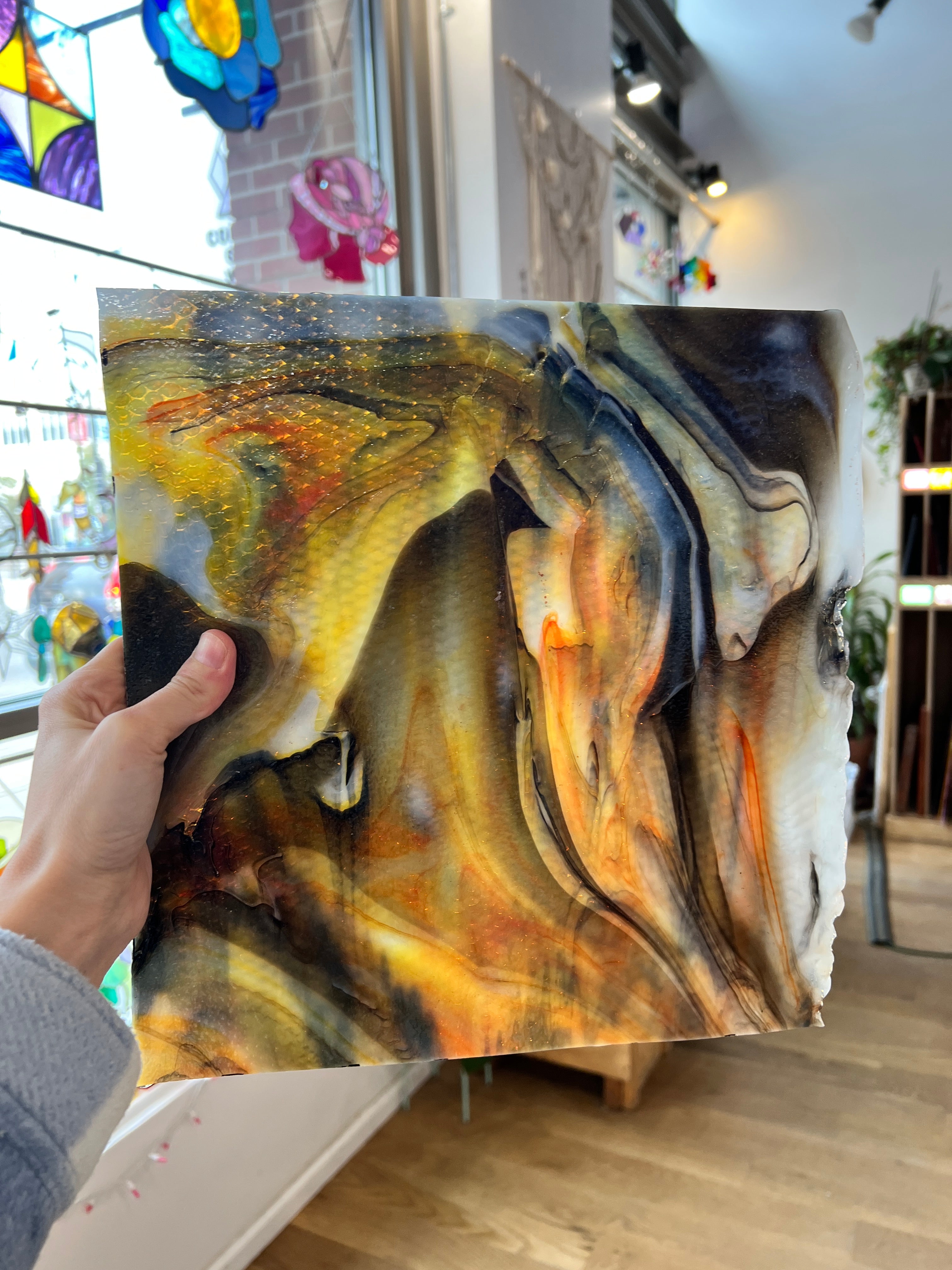 Koi / White with Orange/ Yellow and Black Highlights Radium Ripple Youghiogheny (UbY 58) Sheet Glass Colorado Glassworks