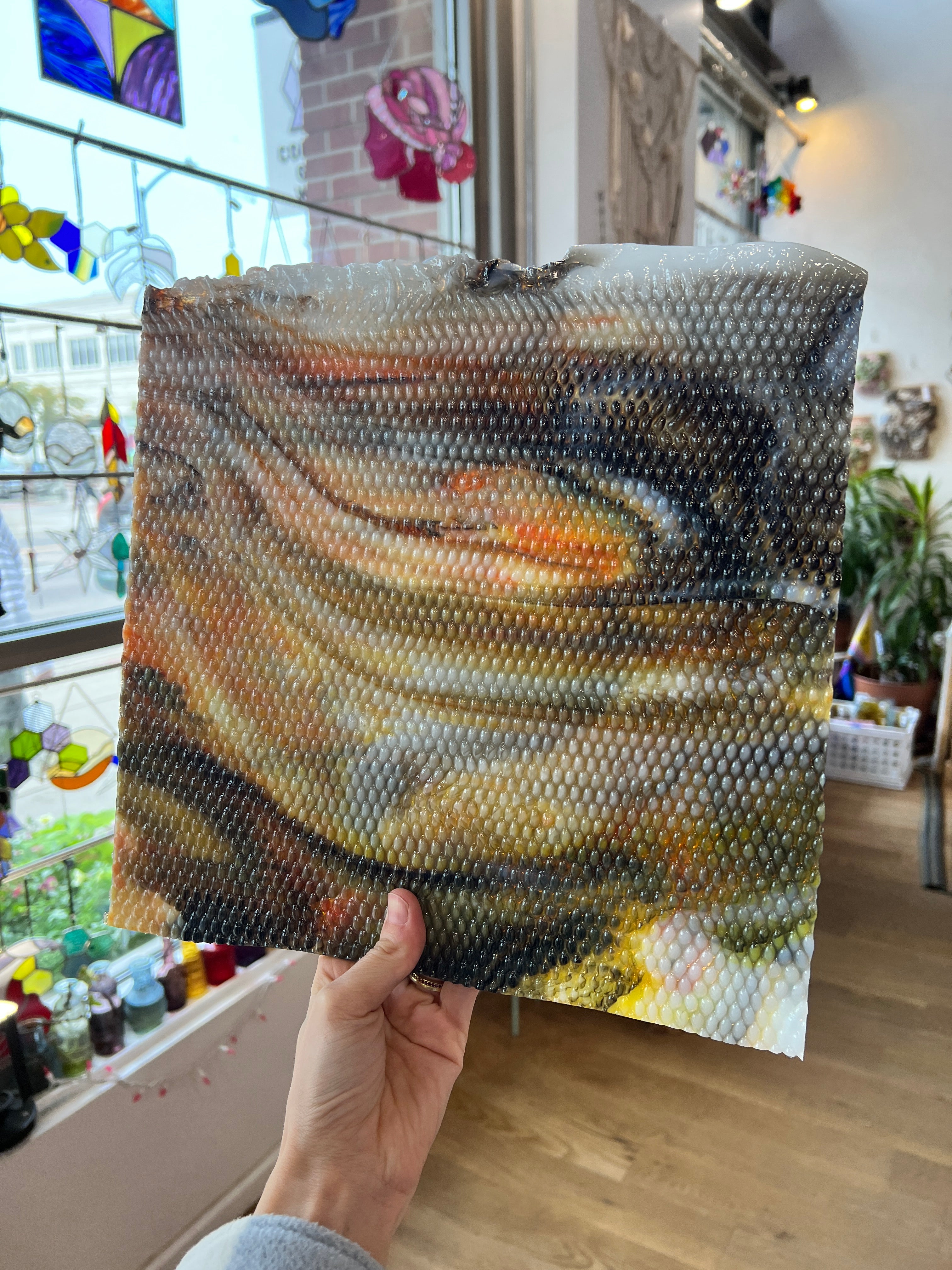 Koi / White with Orange/ Yellow and Black Highlights Radium Ripple Youghiogheny (UbY 58) Sheet Glass Colorado Glassworks