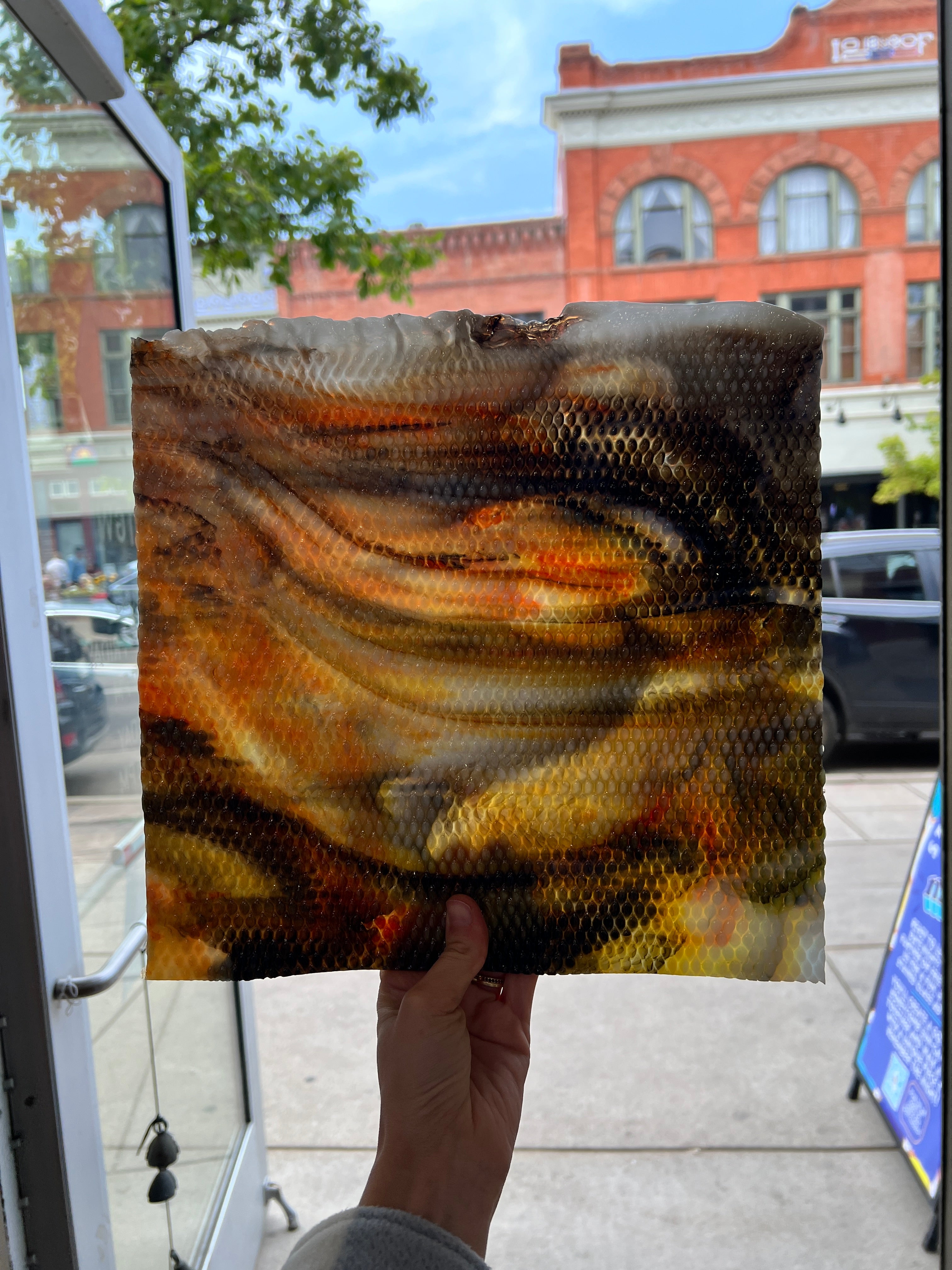 Koi / White with Orange/ Yellow and Black Highlights Radium Ripple Youghiogheny (UbY 58) Sheet Glass Colorado Glassworks
