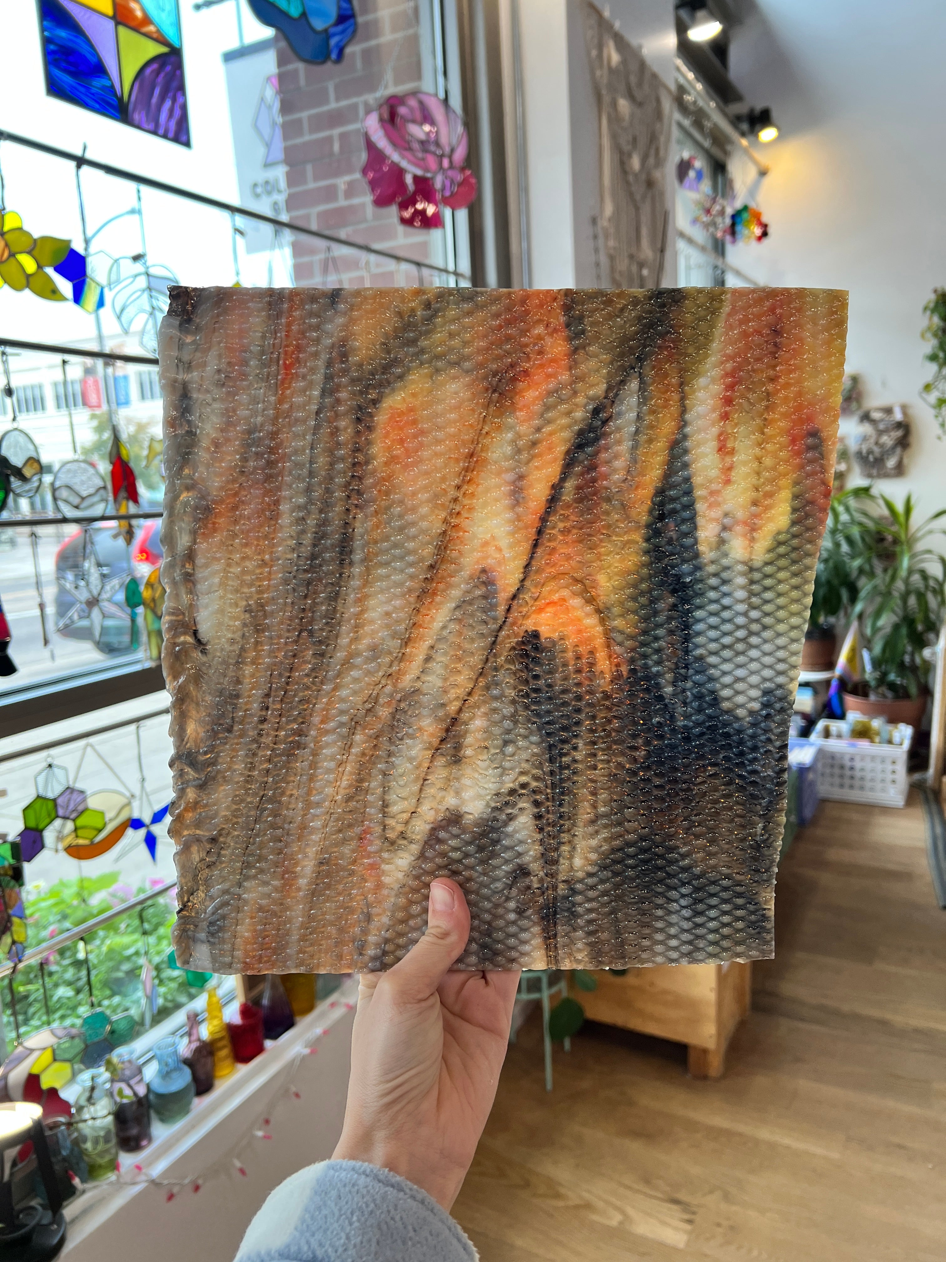 Koi / White with Orange/ Yellow and Black Highlights Radium Ripple Youghiogheny (UbY 58) Sheet Glass Colorado Glassworks