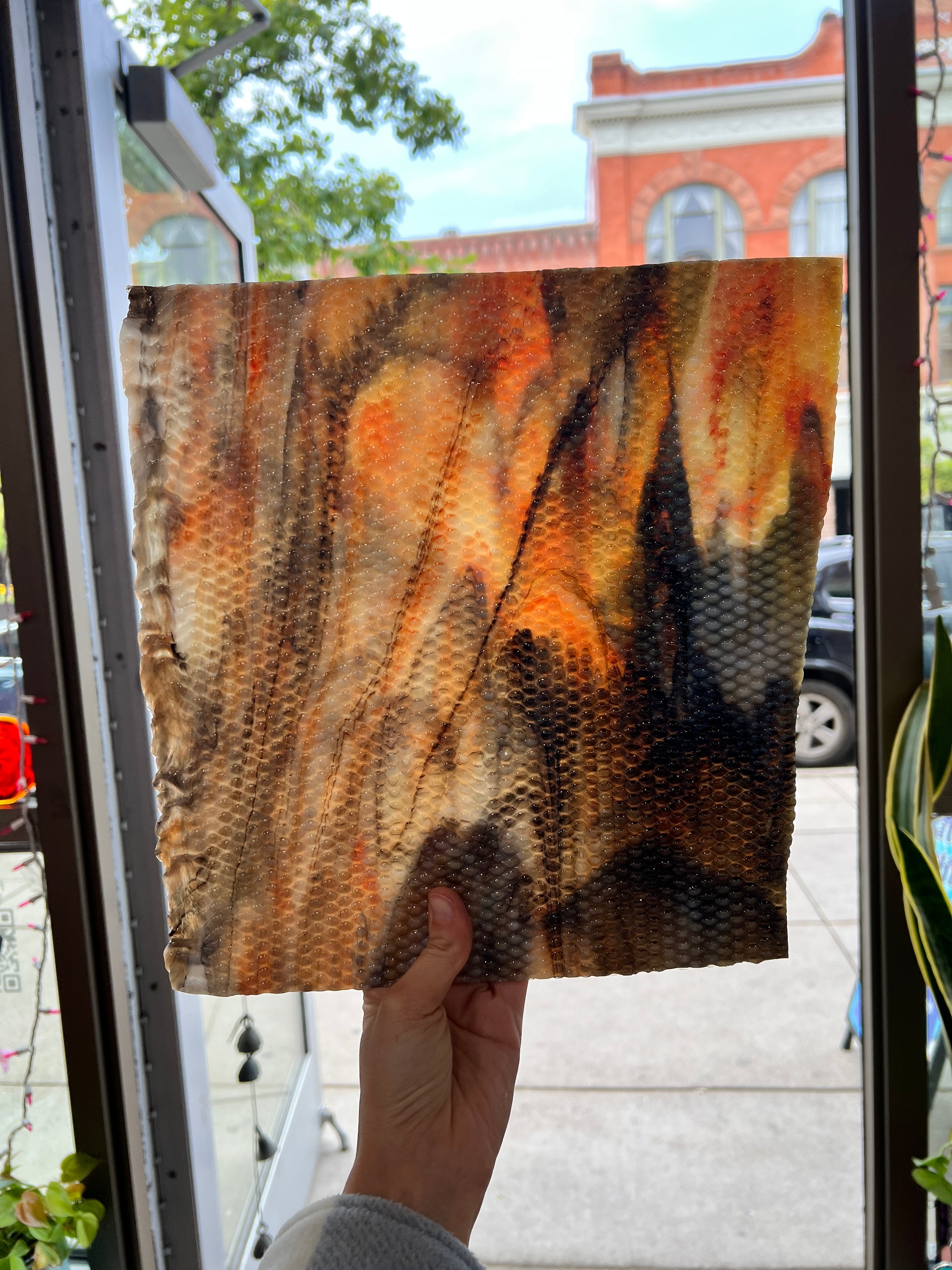 Koi / White with Orange/ Yellow and Black Highlights Radium Ripple Youghiogheny (UbY 58) Sheet Glass Colorado Glassworks