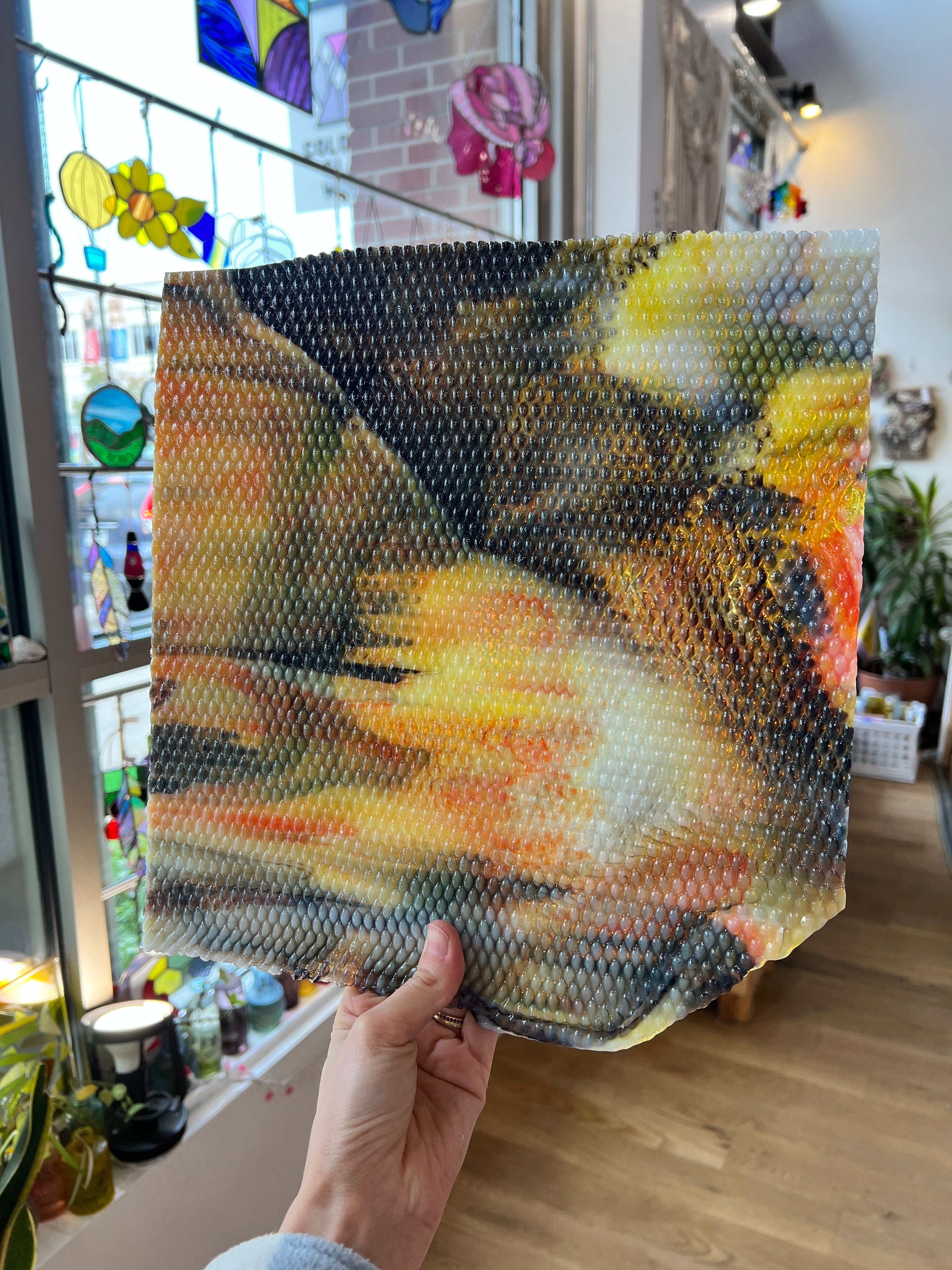 Koi / White with Orange/ Yellow and Black Highlights Radium Ripple Youghiogheny (UbY 58) Sheet Glass Colorado Glassworks