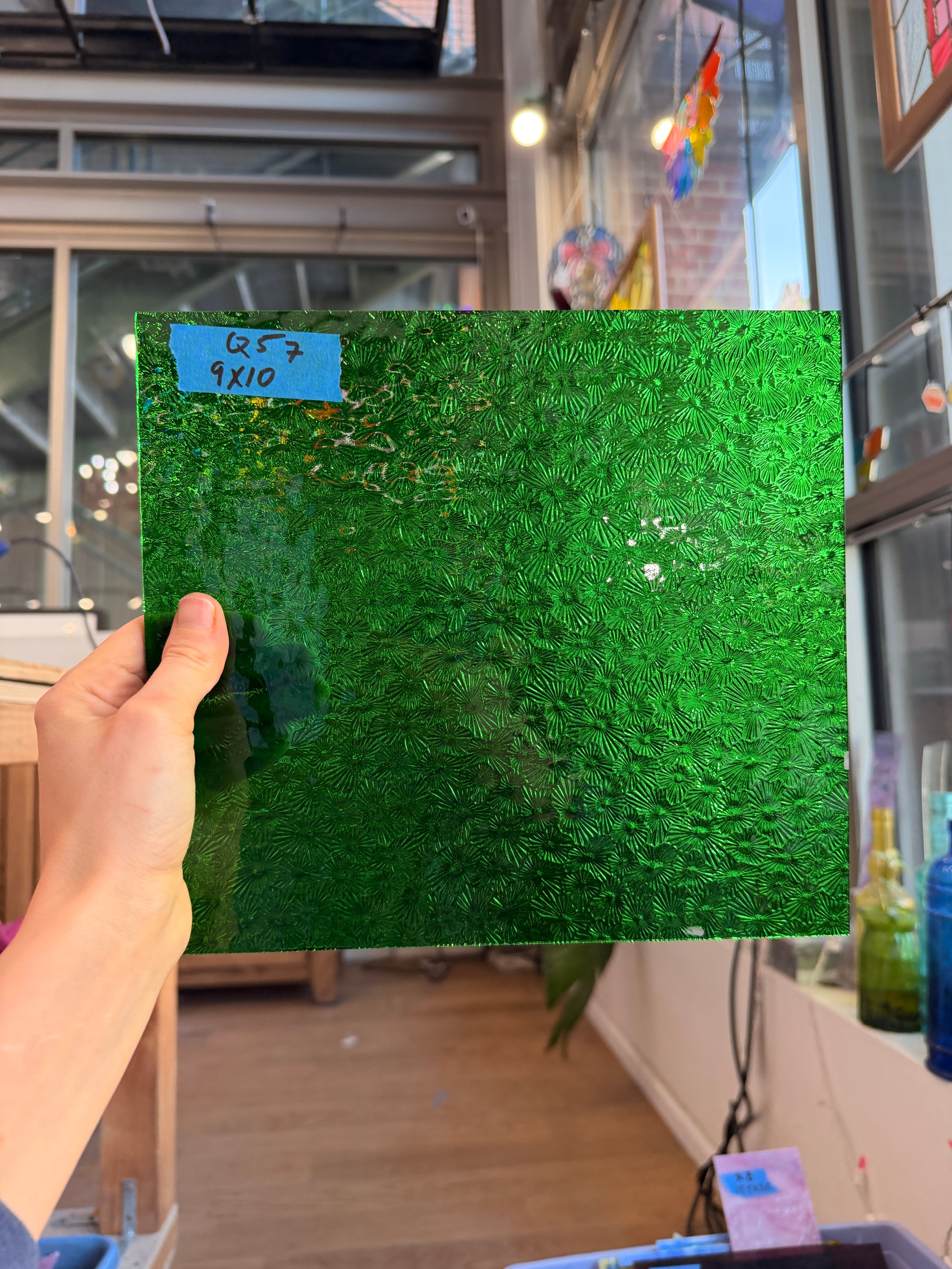 Shamrock/Medium Green Florentine Wissmach Sheet Glass Colorado Glassworks Q57 (10x9in)