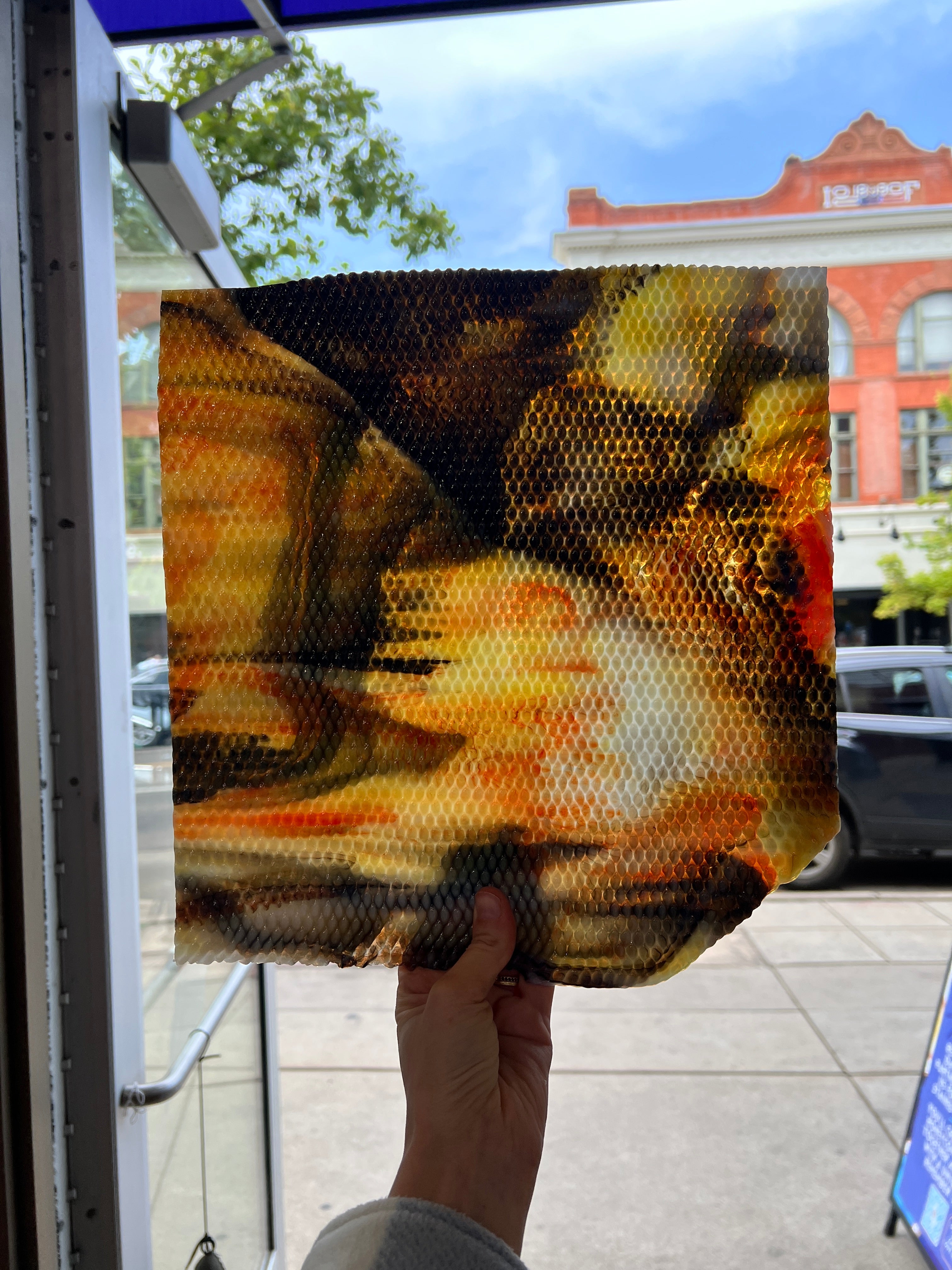 Koi / White with Orange/ Yellow and Black Highlights Radium Ripple Youghiogheny (UbY 58) Sheet Glass Colorado Glassworks