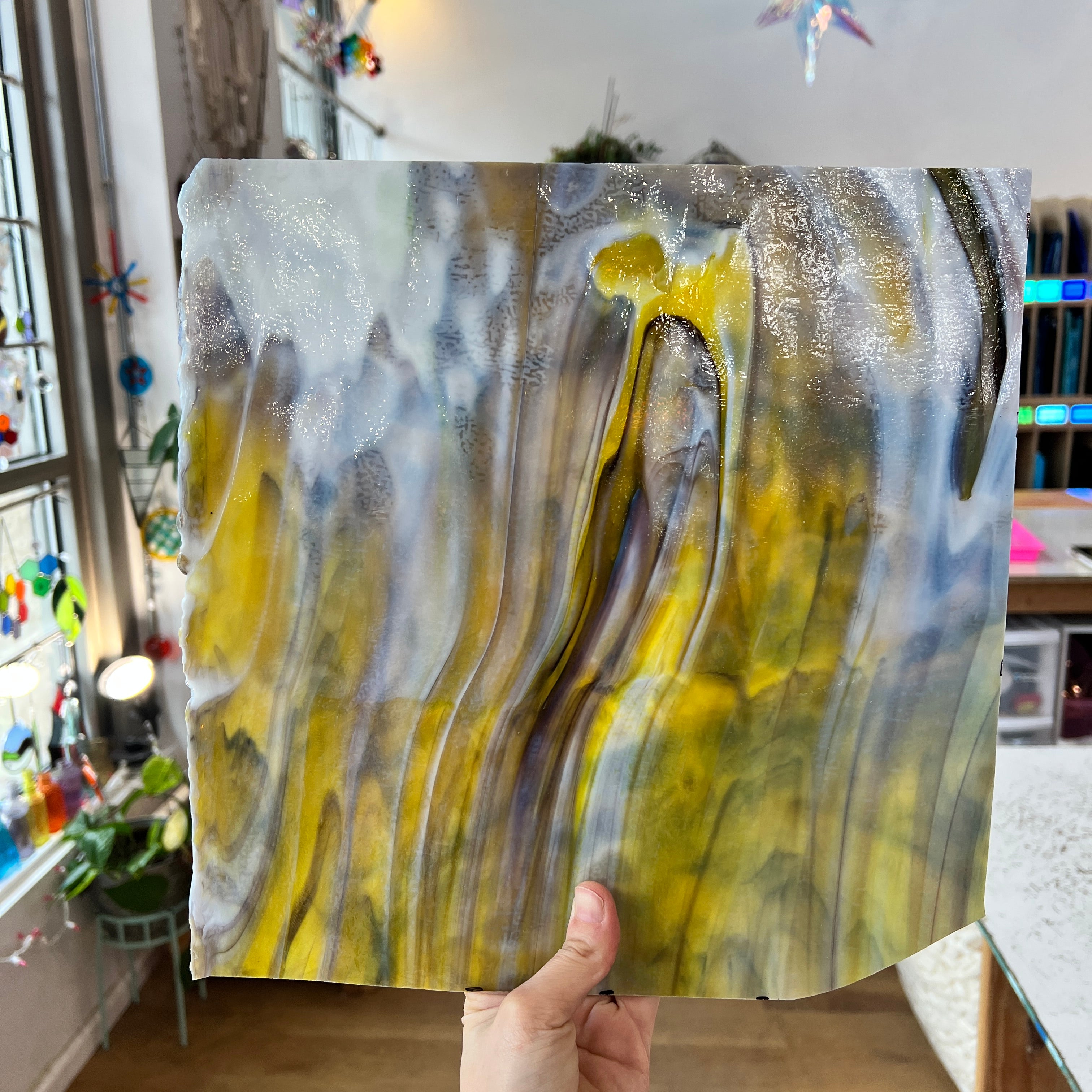 NEW! - Golden Yellow / Amber/ Purple with Green Ring Mottle Youghiogheny Sheet Glass Colorado Glassworks