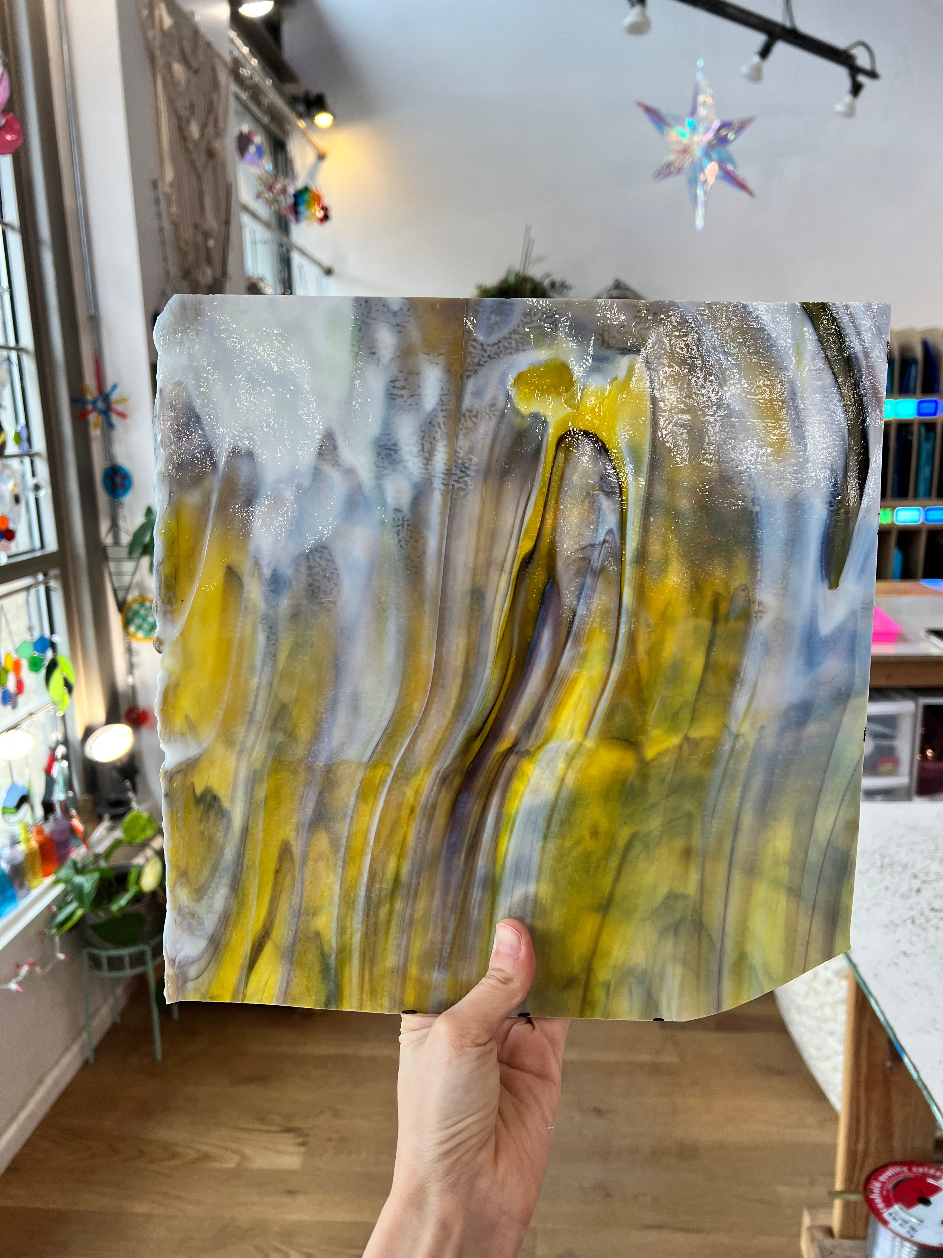 NEW! - Golden Yellow / Amber/ Purple with Green Ring Mottle Youghiogheny Sheet Glass Colorado Glassworks
