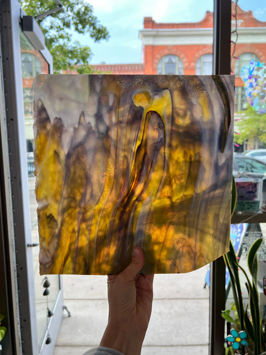 NEW! - Golden Yellow / Amber/ Purple with Green Ring Mottle Youghiogheny Sheet Glass Colorado Glassworks