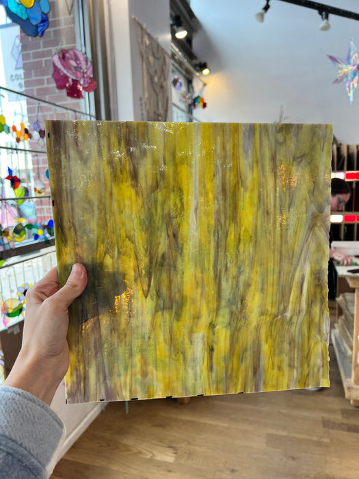 NEW! - Golden Yellow / Amber/ Purple with Green Ring Mottle Youghiogheny Sheet Glass Colorado Glassworks