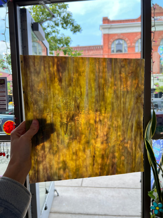 NEW! - Golden Yellow / Amber/ Purple with Green Ring Mottle Youghiogheny Sheet Glass Colorado Glassworks