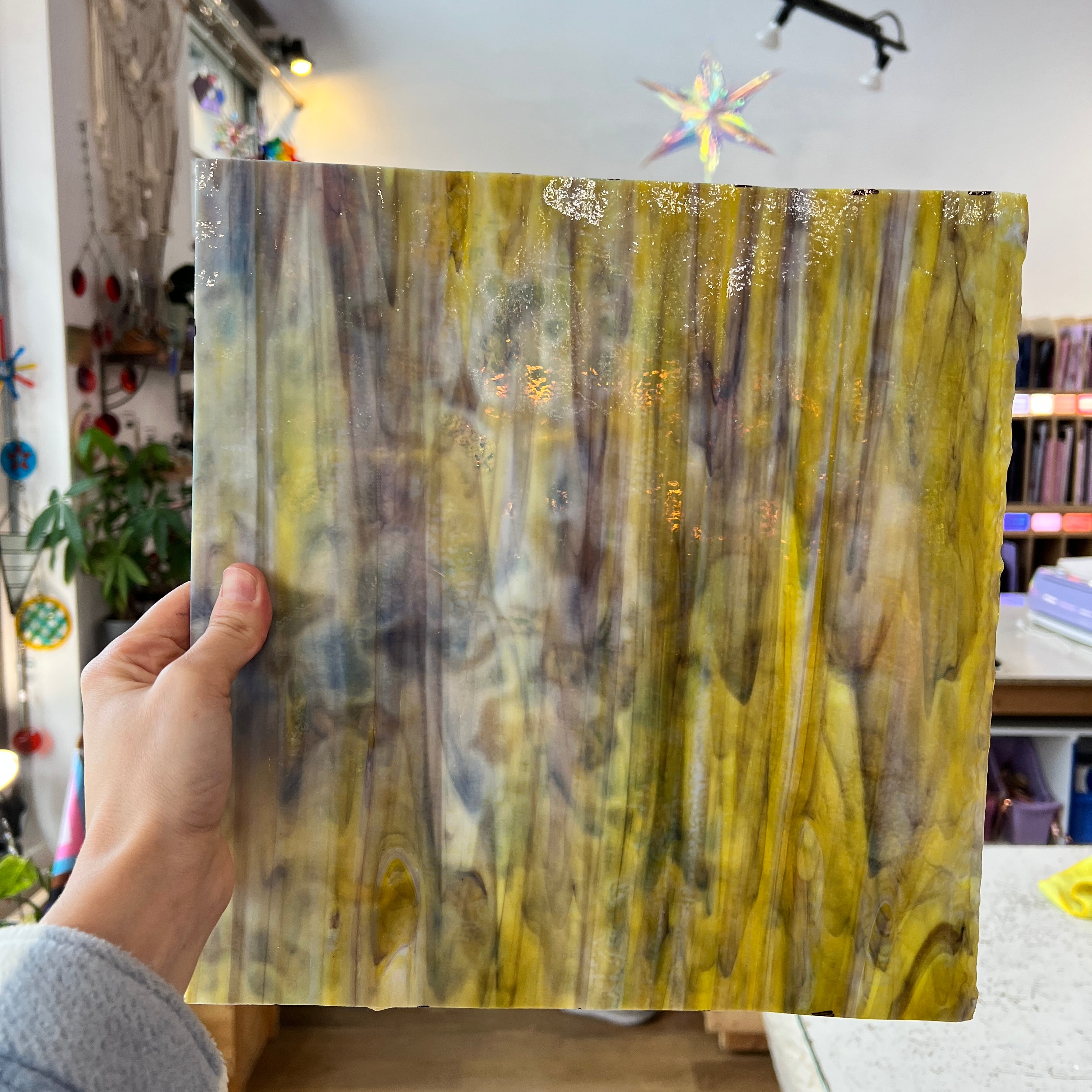 NEW! - Golden Yellow / Amber/ Purple with Green Ring Mottle Youghiogheny Sheet Glass Colorado Glassworks