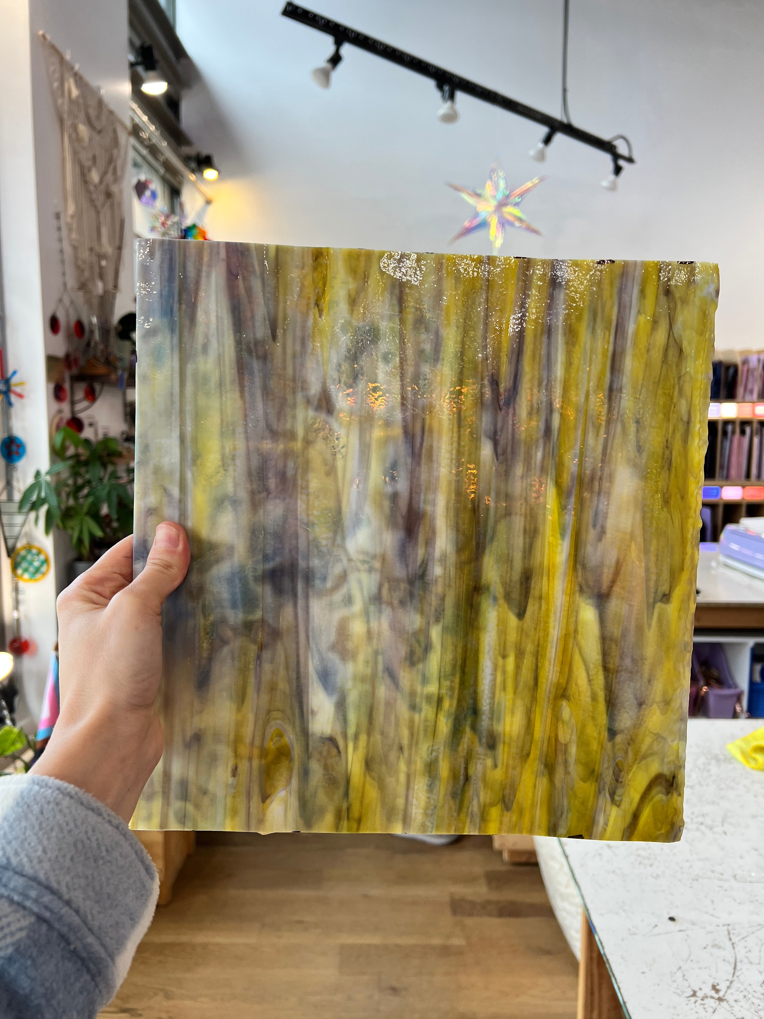 NEW! - Golden Yellow / Amber/ Purple with Green Ring Mottle Youghiogheny Sheet Glass Colorado Glassworks