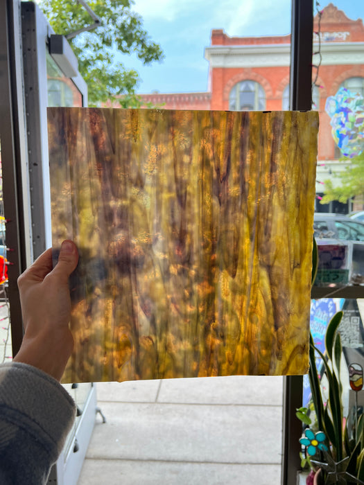 NEW! - Golden Yellow / Amber/ Purple with Green Ring Mottle Youghiogheny Sheet Glass Colorado Glassworks