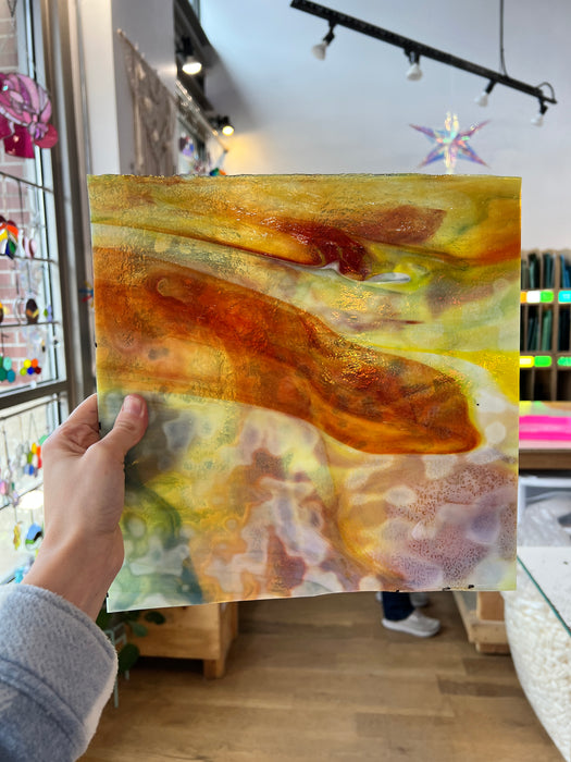 NEW! - Red / Orange / Yellow on White with Green Ring Mottle Youghiogheny Sheet Glass Colorado Glassworks