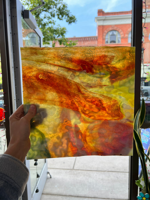 NEW! - Red / Orange / Yellow on White with Green Ring Mottle Youghiogheny Sheet Glass Colorado Glassworks
