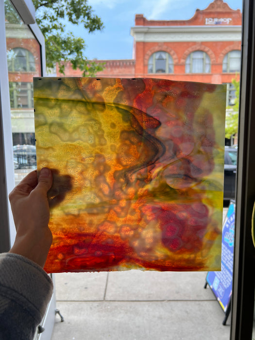 NEW! - Red / Orange / Yellow on White with Green Ring Mottle Youghiogheny Sheet Glass Colorado Glassworks
