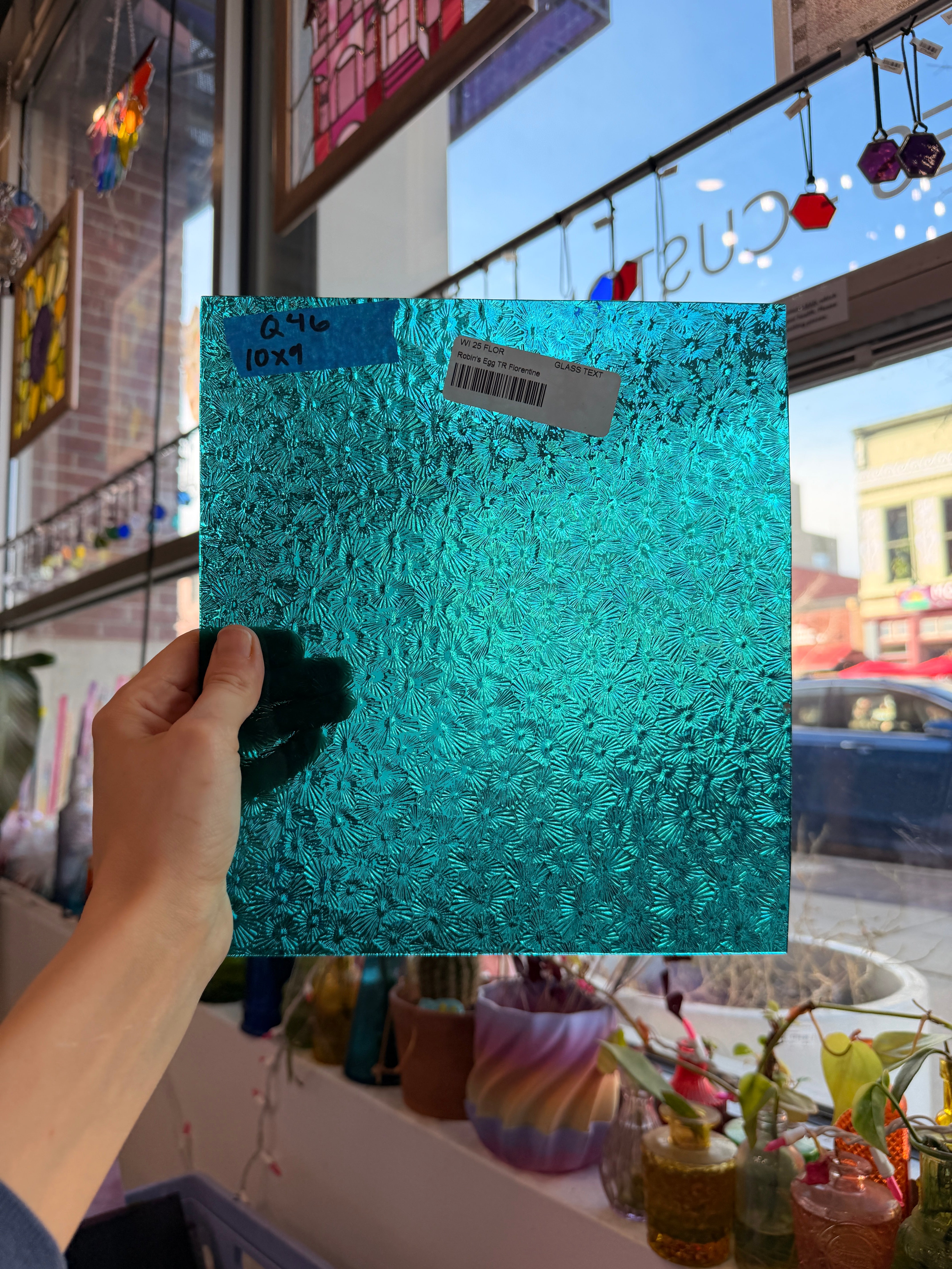 Robins Egg Teal Florentine Wissmach Sheet Glass Unknown Q46 (10x9in)