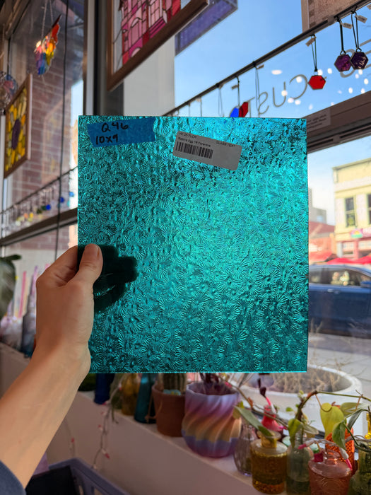 Robins Egg Teal Florentine Wissmach Sheet Glass Unknown Q46 (10x9in)