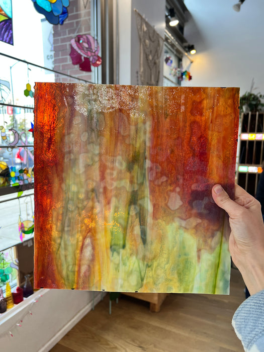 NEW! - Red / Orange / Yellow on White with Green Ring Mottle Youghiogheny Sheet Glass Colorado Glassworks