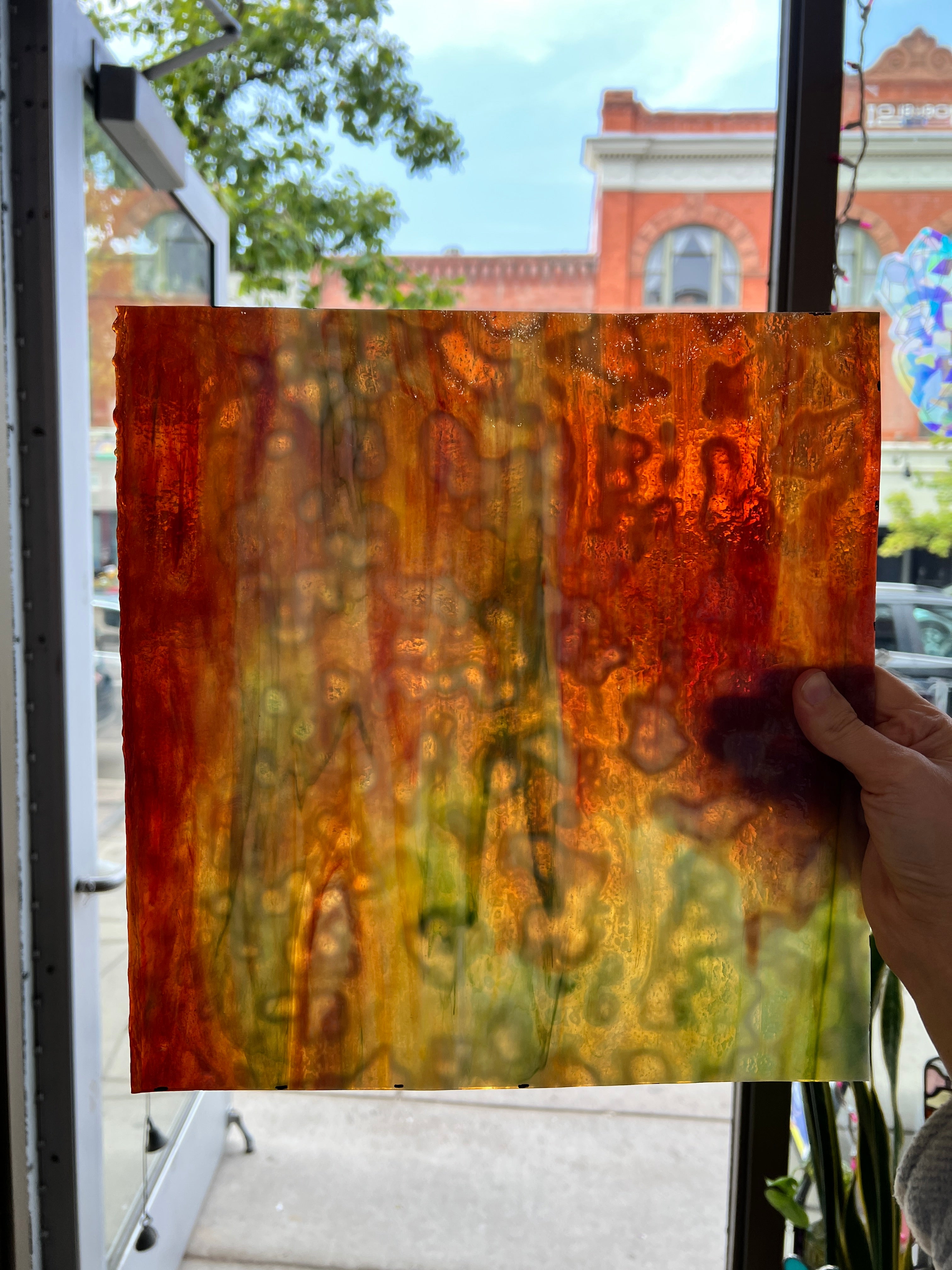 NEW! - Red/ Orange/ Yellow on White with Green Ring Mottle Youghiogheny Sheet Glass Colorado Glassworks