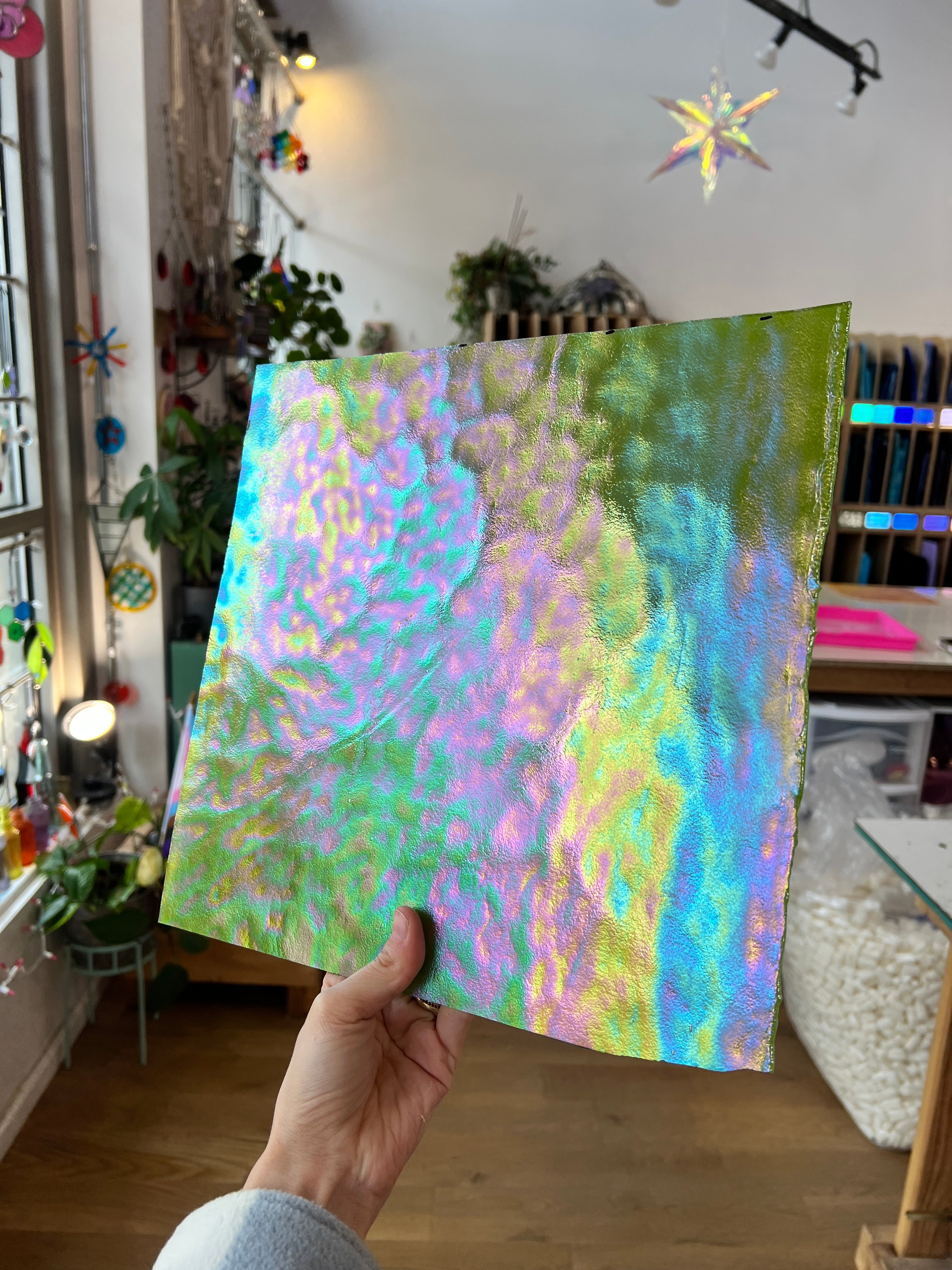 Lime Green Stipple Iridescent Youghiogheny (Y4500SPI) Sheet Glass Colorado Glassworks