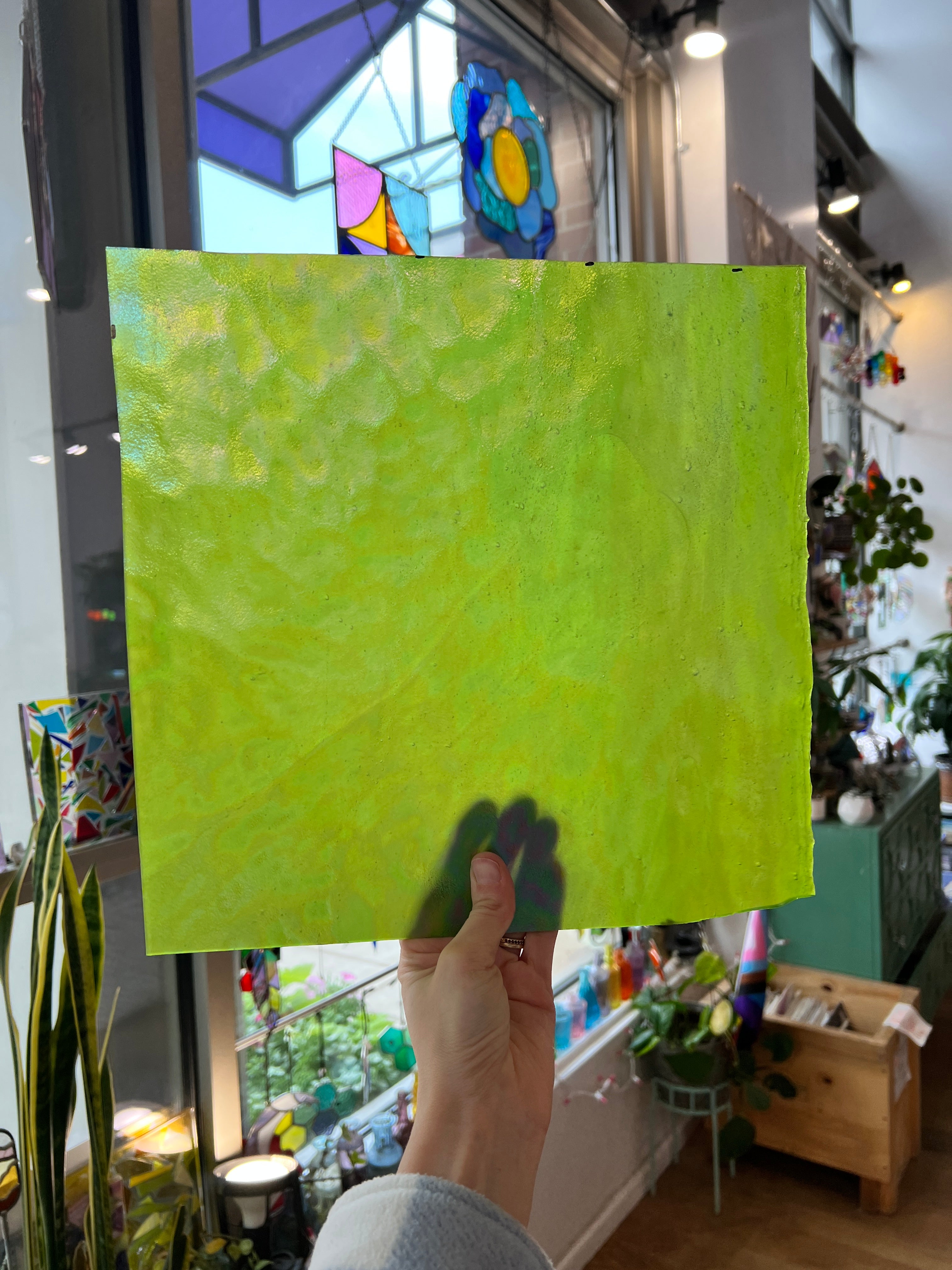Lime Green Stipple Iridescent Youghiogheny (Y4500SPI) Sheet Glass Colorado Glassworks