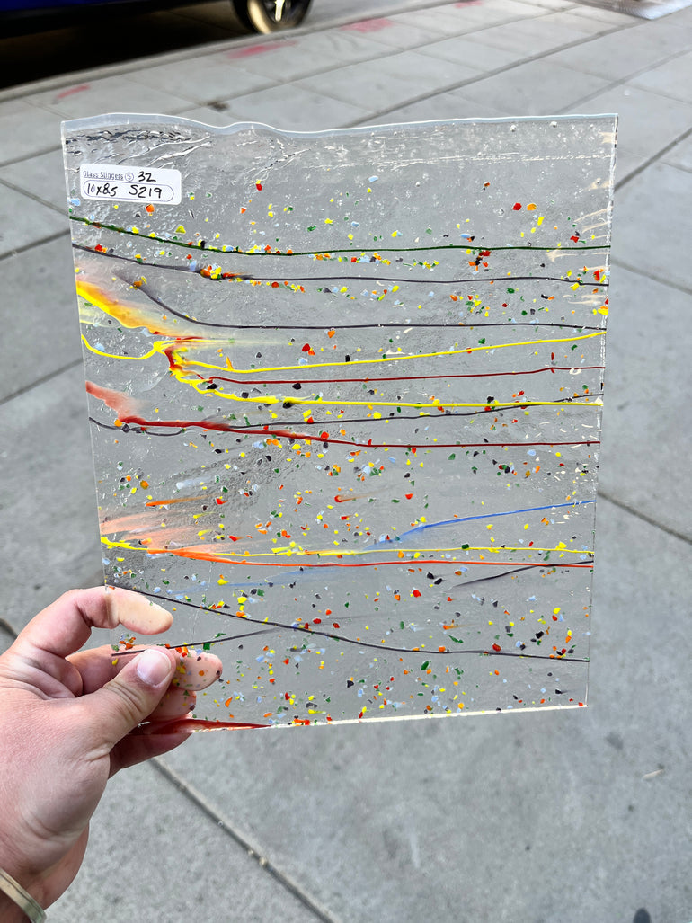 Clear with Rainbow Frit and Stringers Bullseye (S) Sheet Glass Colorado Glassworks S219 (10x8.5in)  