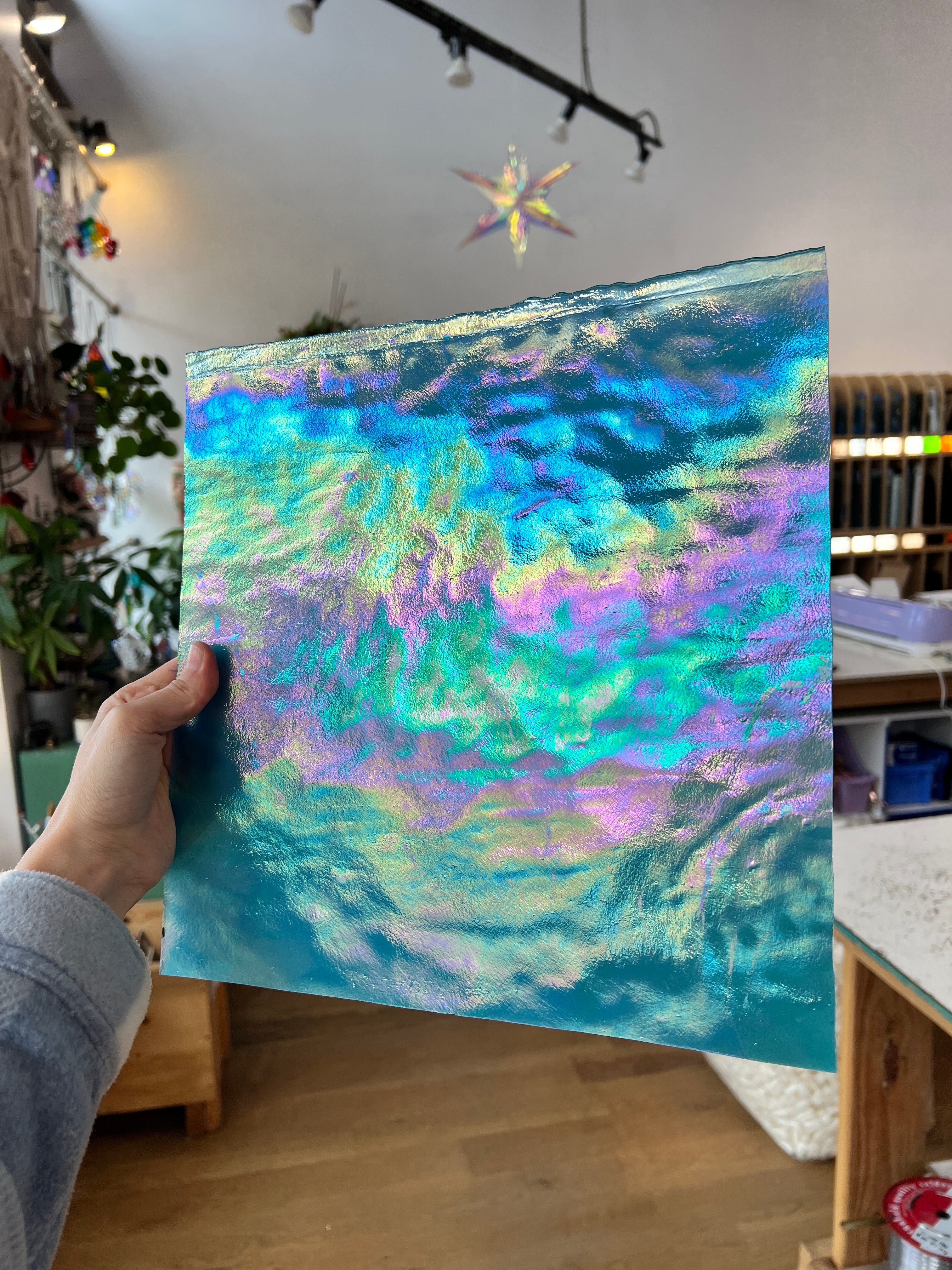Turquoise Iridescent Stipple Youghiogheny (Y6600SPI) Sheet Glass Colorado Glassworks